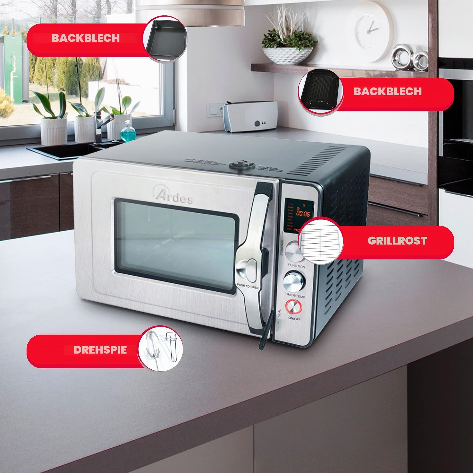 ARDES - Dampfbackofen 30 Liter Elektrischer Dampf-Kleinbackofen mit 9 Garprogrammen Timer doppeltes Glas mit Zubehör CARLOMAGNO AR6430PR