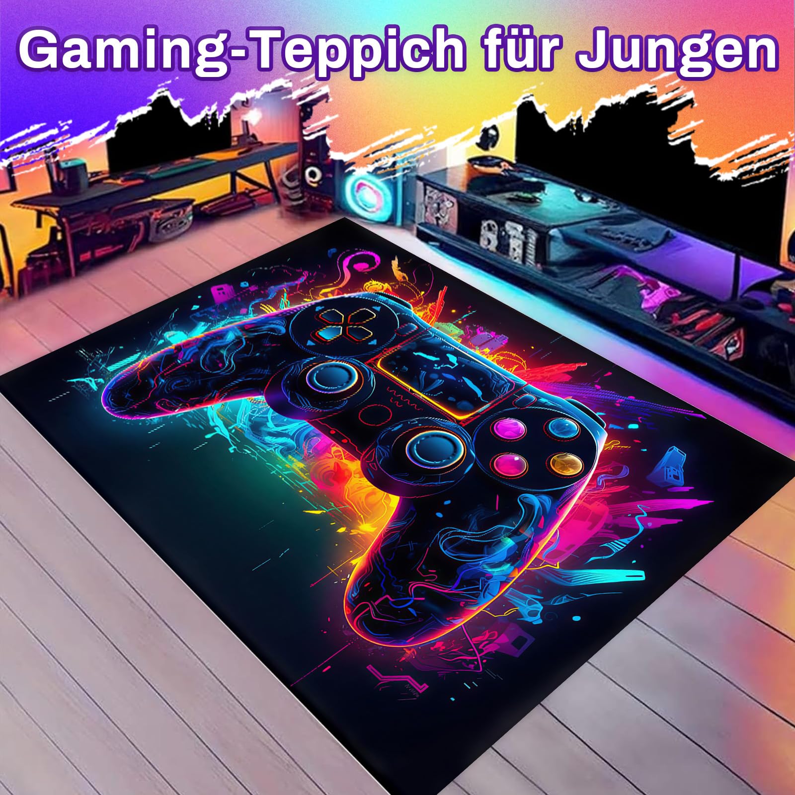 Gaming Teppich rutschfest Kristall-Samt Gamer Fußmatte, Spielkonsolen-Teppich, Neon Farben, Coole Deko für Jungen Teenager Schlafzimmer Wohnzimmer 120x160cm