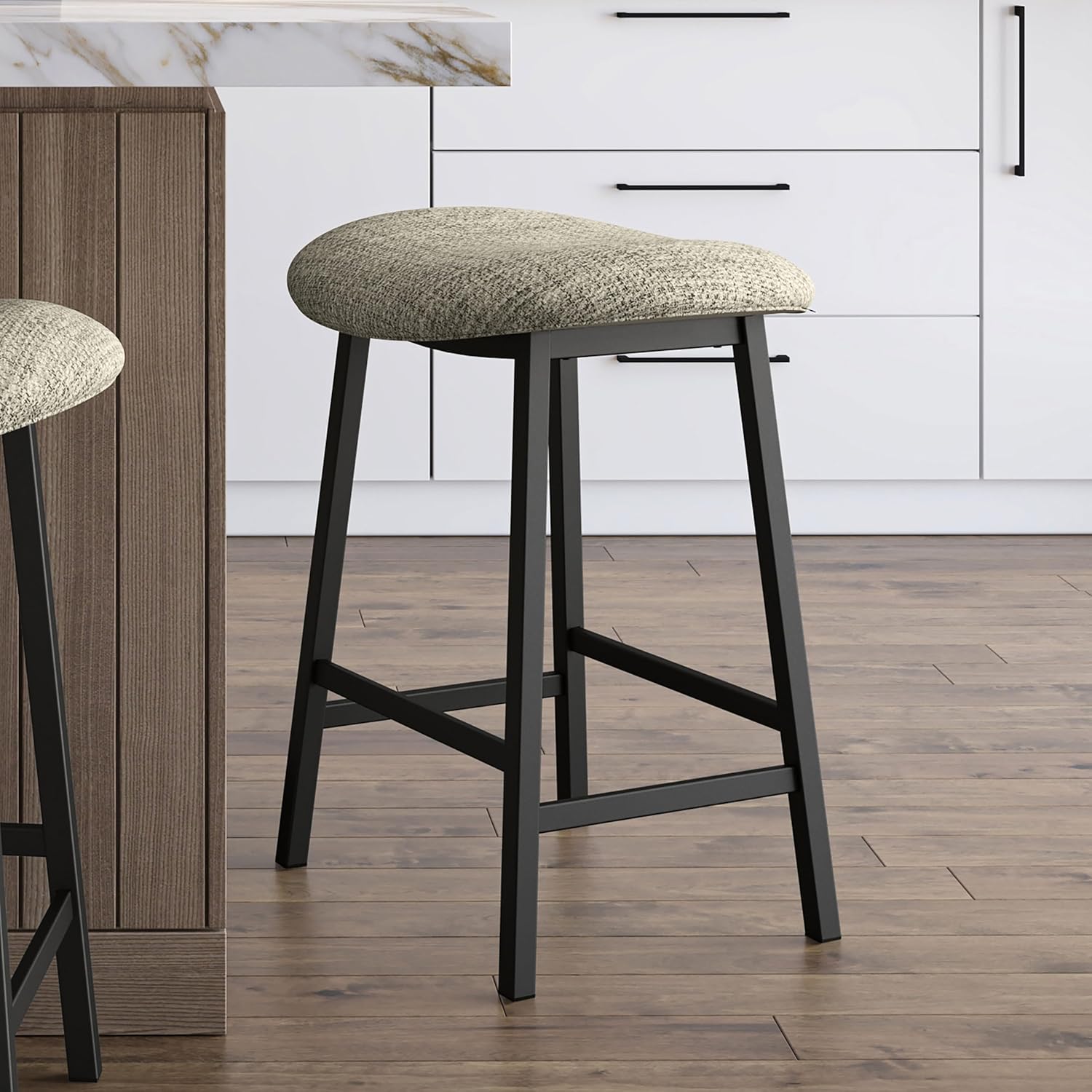 Amisco Winston 26 in. Counter Height Barstool, Backless Stool for Kitchen Island and Bar - Cream & Black Bouclé Fabric/Black Metal