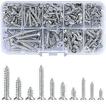 225PCS Self Tapping Screws Assortment Fasteners Set, M3/M4/M5 Sheet Metal Screws Fasteners Kit, Round Phillips Drive Flat Countersunk Head Wood Screws for Woodworking - 10 Sizes