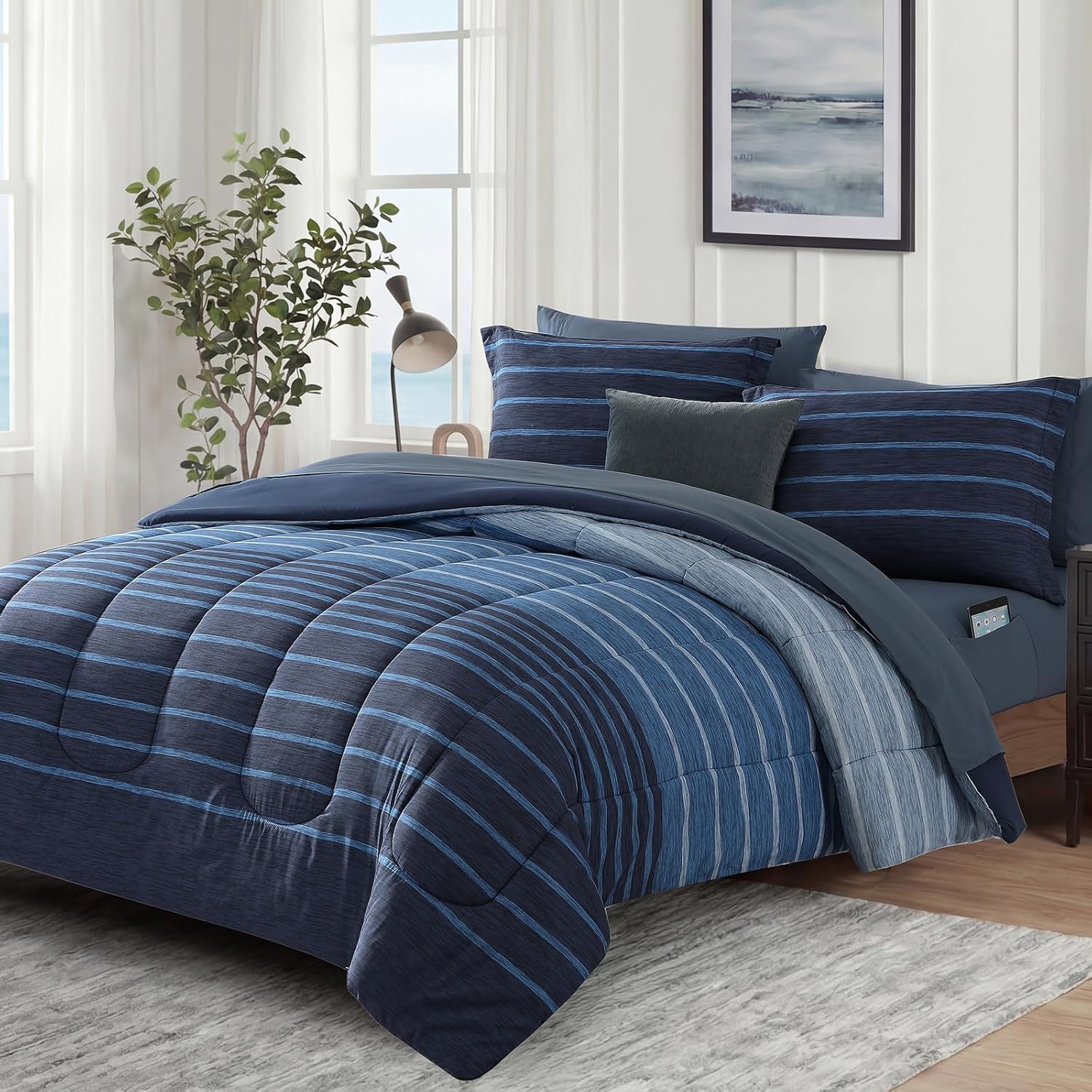 Monbix Queen Comforter Set - 7 Pieces Bed in a Bag Queen, Navy Blue-Stripe Bedding Sets, All Seasons Comforter Bed Set with Sheets, Pillowcases & Shams - Image 2