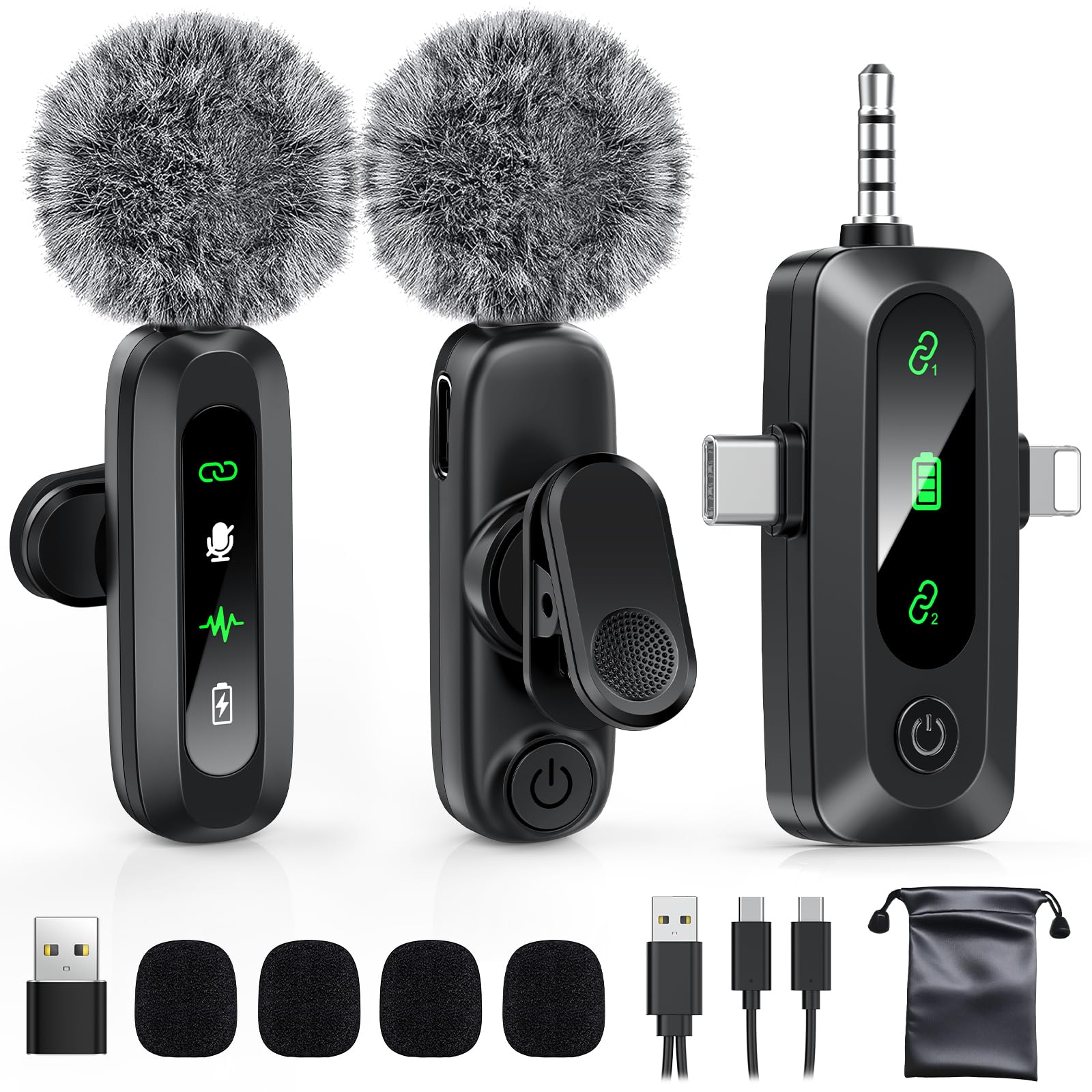 Wireless Lavalier Microphone for iPhone, Android, USB C, PC, Camera Video Recording 4 in 1 Clip-on Mics with Rotatable Clip&Denoise Recording, for Vlog Tiktok YouTube Podcast Content Creator