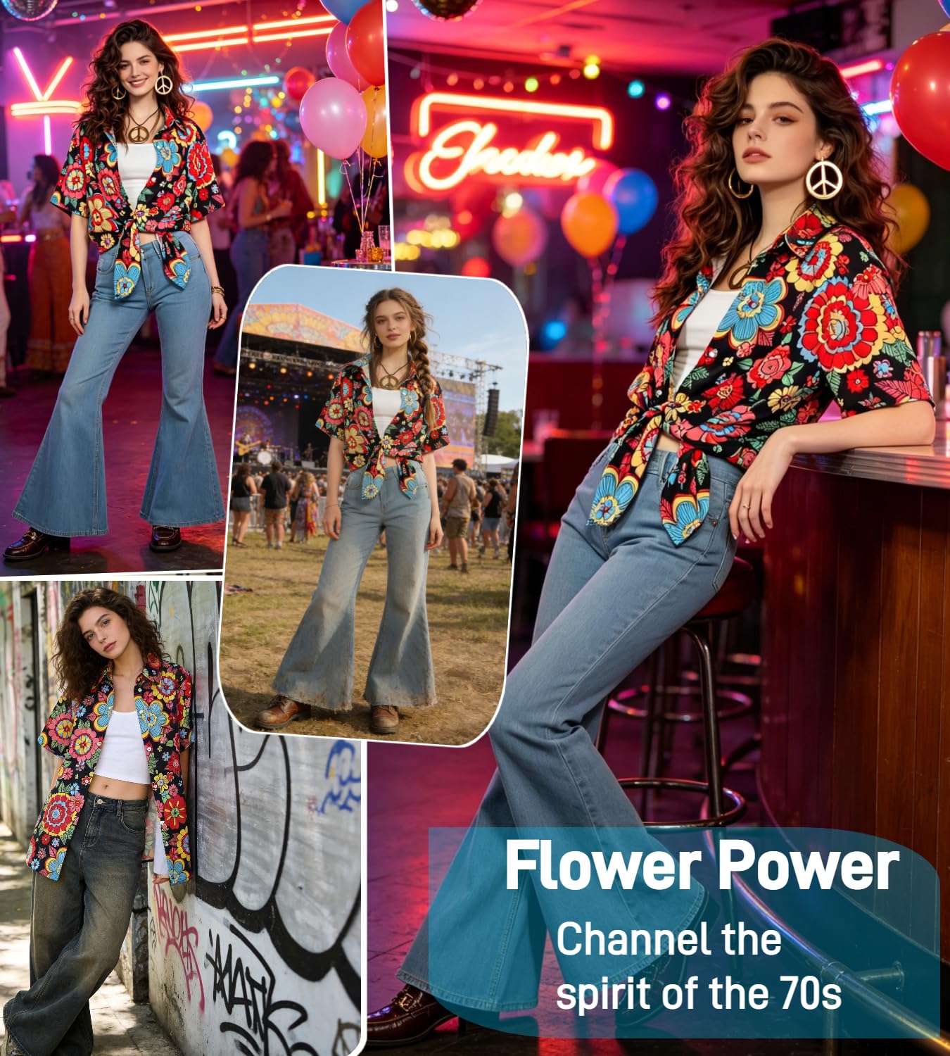 kasahara Costume hippie pour femme, Haut hawaïen, Chemise vintage, Tenue années 80 et 90, Décontracté, Rétro Costume de carnaval