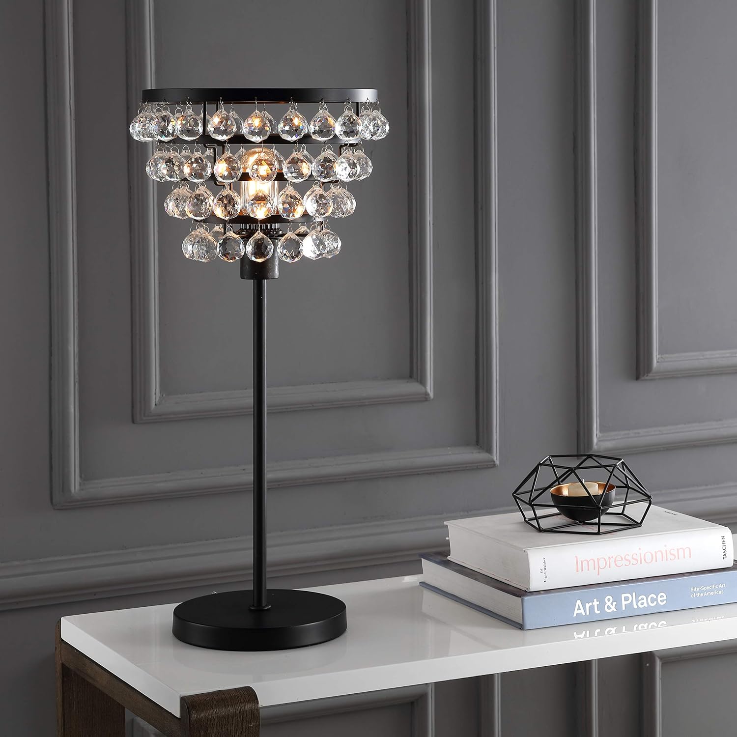 JONATHAN Y 25" Bronze Table Lamp, Modern Industrial Chandelier Style Light, Clear Crystal Beads, Glam Bedside Nightstand Lamp for Bedroom Living Room, LED Bulb Included JYL9004A
