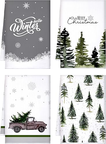 Bencailor 4 toallas de cocina de Navidad a cuadros de búfalo, paños de cocina de invierno, copos de nieve, camiones, toallas de mano, paños de