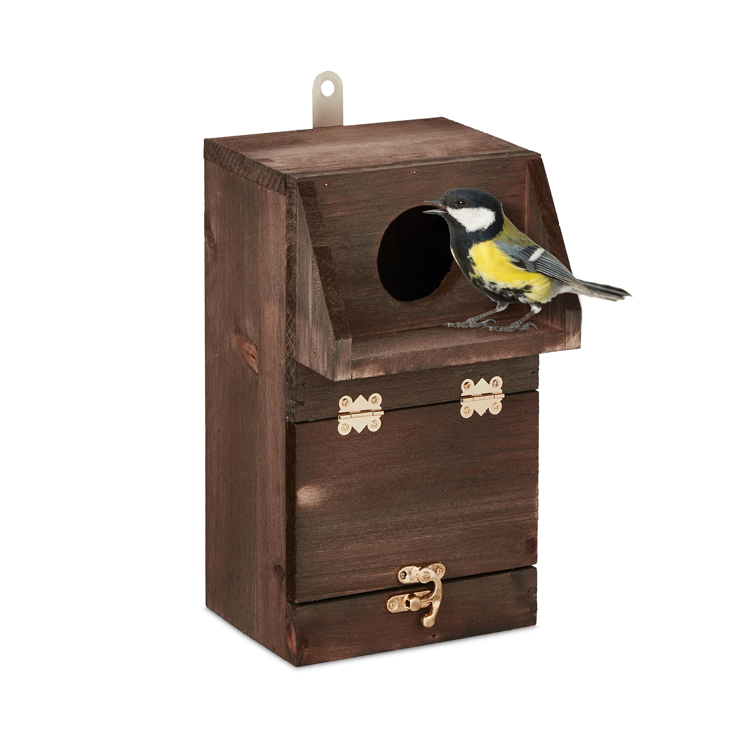 Relaxdays Nesting Box for Great Tit & Garden Redstart with Cleaning Flap, Wood, Hanging Bird Nesting Box, Brown