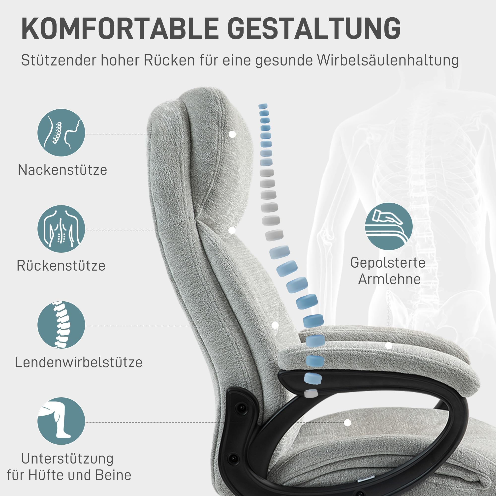 HOMCOM Bürostuhl Mit Wippfunktion - Ergonomischer Drehstuhl Höhenverstellbar Bis 120kg