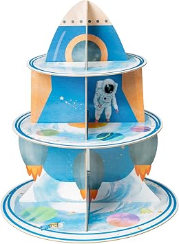 EYxsaxenk Space Themed Cupcake Stand - 3-Tier Galaxy Party Cupcake Tower Party Decoration Rocket Astronaut Star Cardboard Dessert Holder for Baby Shower Gender Reveal Boys Birthday Party Table Decor