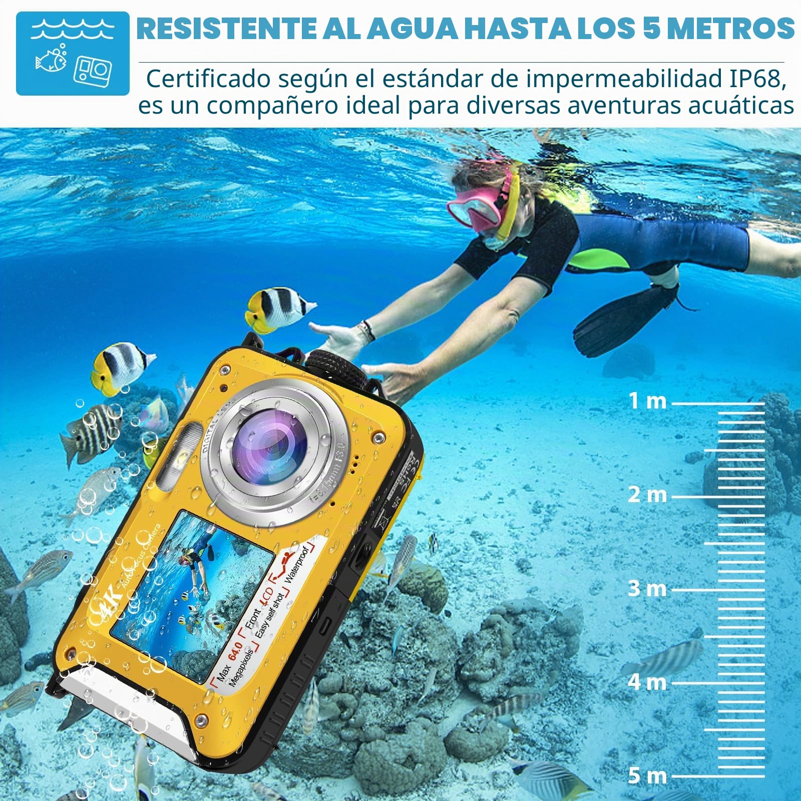 Cámara Acuática 64MP con Tarjeta de Memoria 64GB, Sumergible 4K con Autoenfoque y Doble Pantalla para Selfies, Sumergible hasta 5 Metros para Niños y Snorkel (2 Baterías)