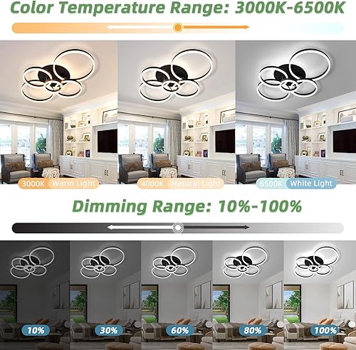 Miniatura 4 de Lámpara de Techo Moderna, 39.4'' Regulable 145W LED Negra Empotrada Luces de Techo con Control Remoto 5+1 Anillos Accesorio de Lámpara de Techo