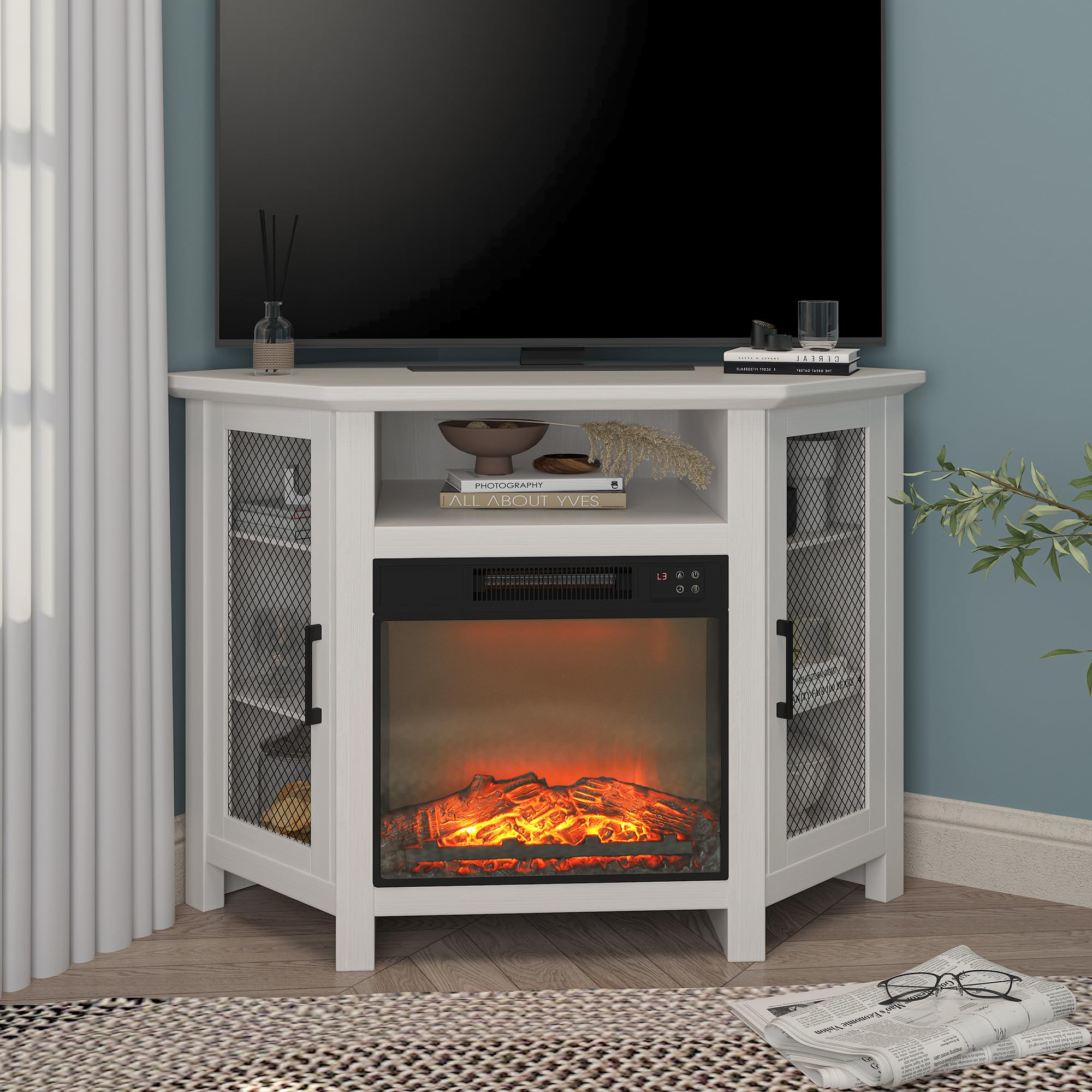 Amazon.com: Clihome Fireplace TV Stand Set 47inches Entertainment Center  with Fireplace with Cabinet Electric Fireplace Inserts Heater TV Stands for  Living Room with Vintage Fire Places Christmas Decor, White : Home u0026