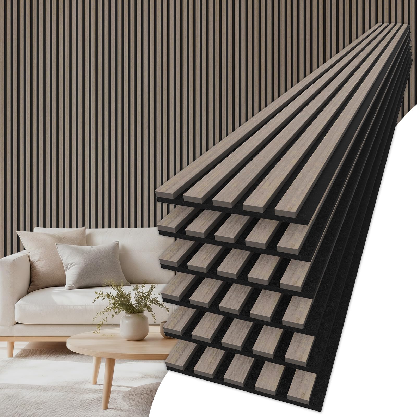 TONOR Drewniane panele akustyczne, 6 sztuk, 240 x 20 cm -2,88 m², panele ścienne, drewniane panele ścienne, jako płyty wygłuszające, dekoracja ścienna z drewnianych lameli, izolacja akustyczna, do