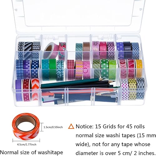 Miniatura 2 de Outus Caja organizadora grande de plástico transparente de 15 rejillas con divisores ajustables, caja de almacenamiento de joyas para cintas Washi,