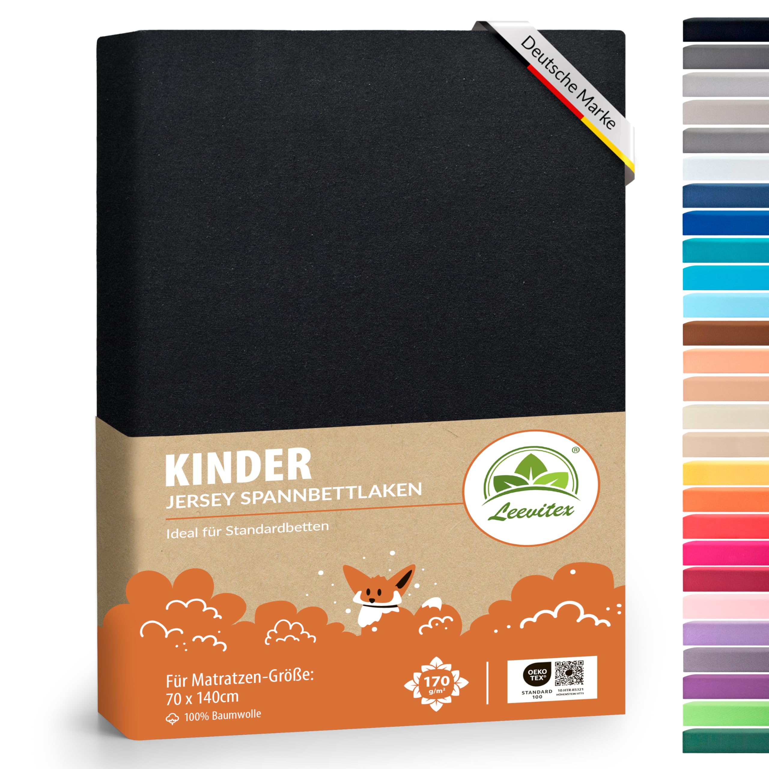 leevitex® Premium Kinder Spannbettlaken | 1 Spannbetttuch | für Babybett & Kinderbett 70 x 140 cm | 100% hochwertige Mako-Jersey-Baumwolle - 170 g/m² | Öko-Tex | Schwarz