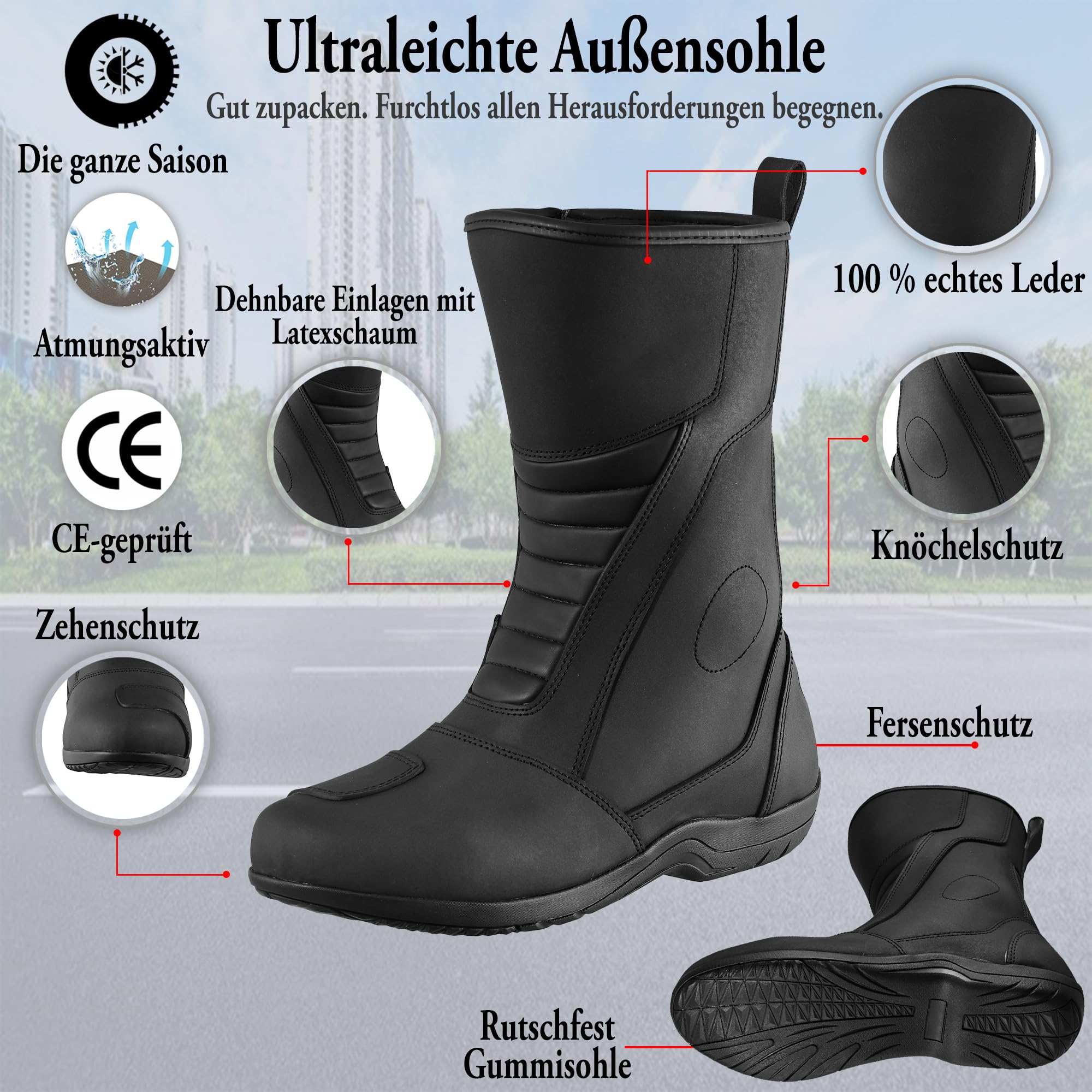 Motorradstiefel für Herren, CE-geprüft (EN13634:2017), Lederschuhe, Motorradschuhe