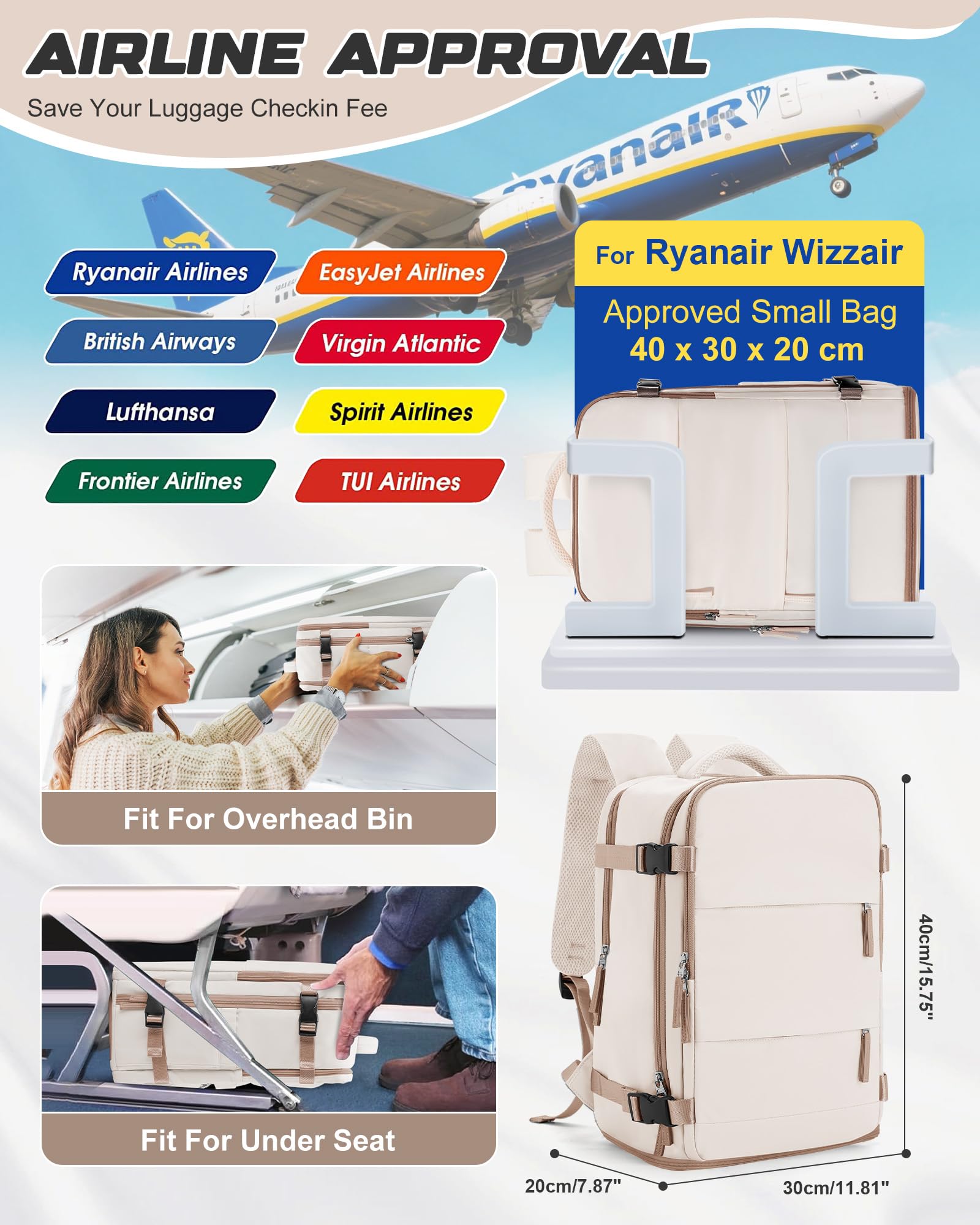 Plecak próżniowy z pompką,plecak podręczny 40x30x20 dla Ryanair,plecak podróżny,bagaż podręczny pod siedzeniem,torba weekendowa,plecak turystyczny,codzienny plecak,H02-Beżowy Brązowy
