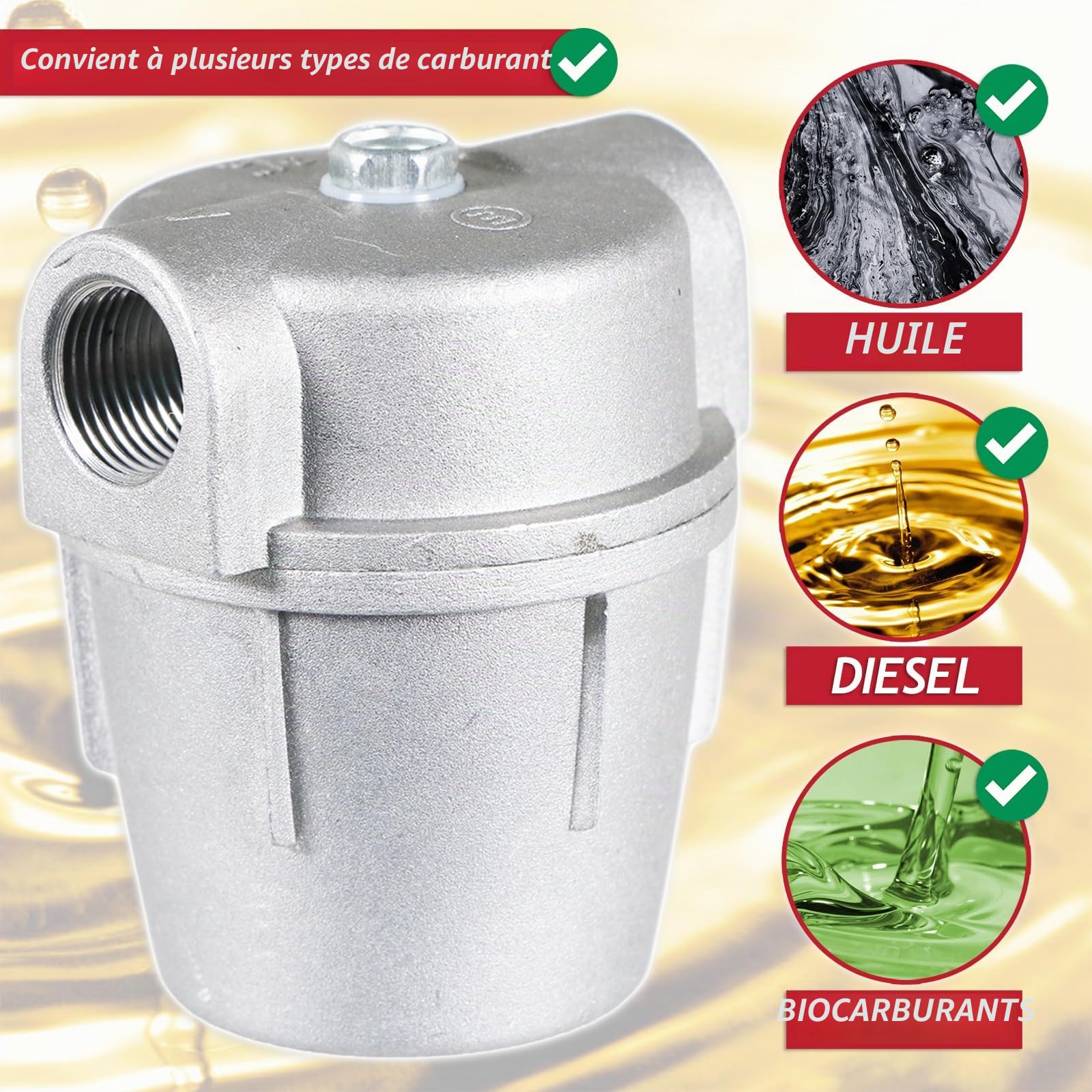 SPARES2GO Filtre à combustible en aluminium 3/8" pour chaudière à mazout de chauffage central + 2 raccords à compression 10 mm