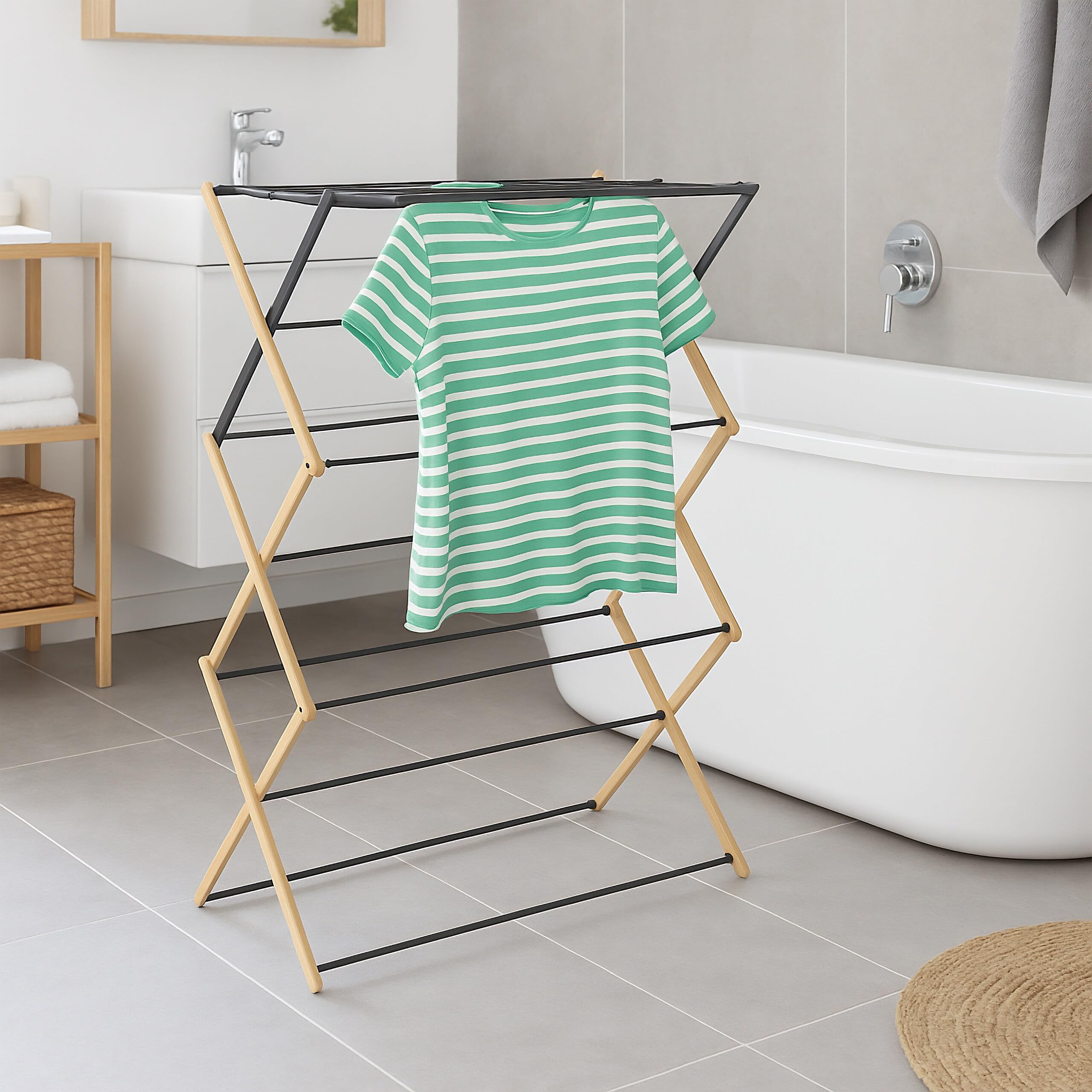 Tendedero Relaxdays, Plegable, Extensible, 11 Barras, HxBxT: 107 x 43-74 x 37 cm, bambú y Metal, Natural/Negro