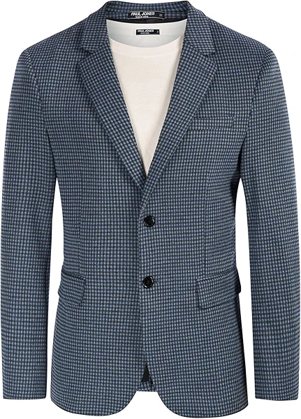 Men's Casual Knit Sport Coat 2 Button Grid Blazer Jacket Grey Blue M