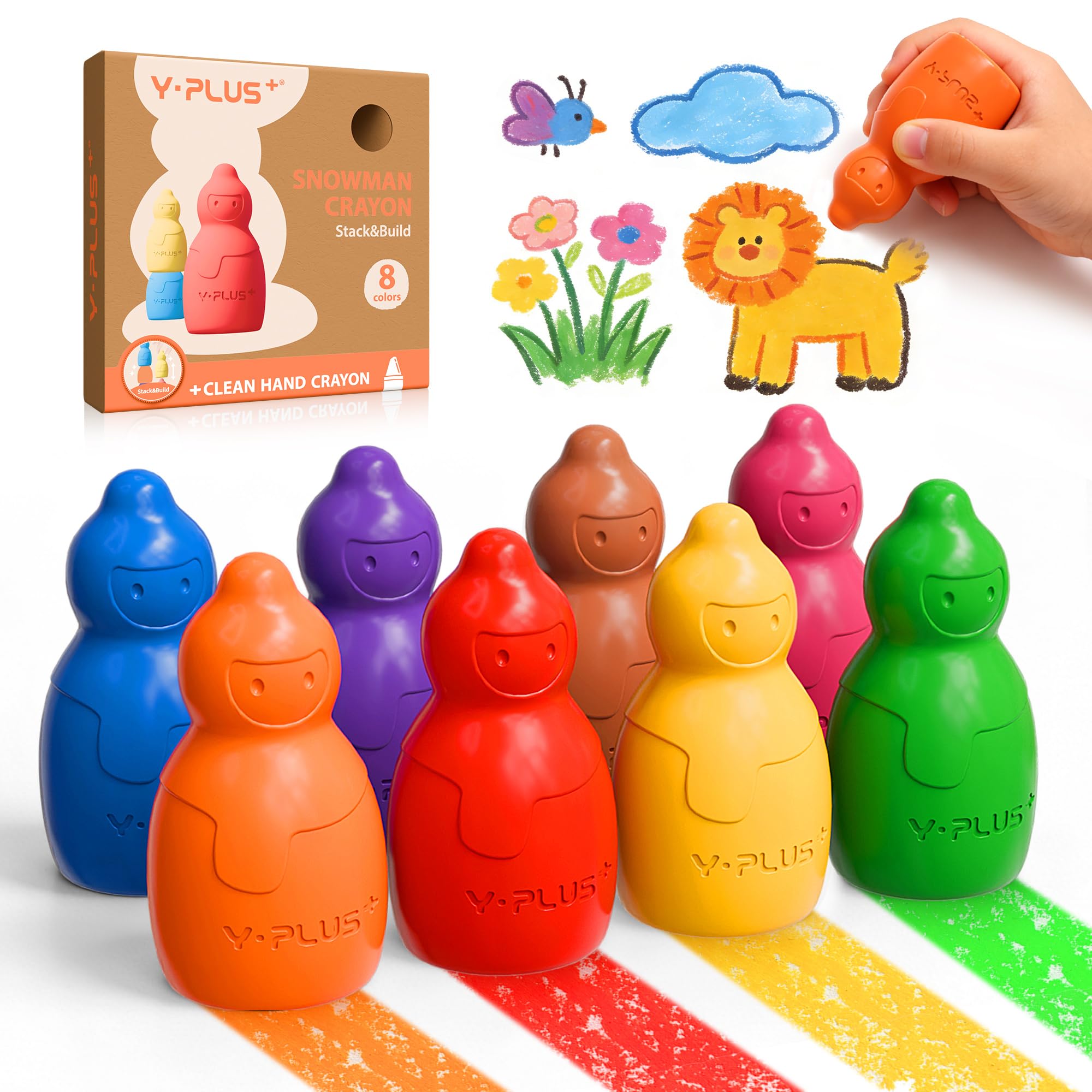 YPLUS Jumbo Wax Crayons for Kids - 8 Vibrant Colours, Nont Toxic Washable Crayons for Toddler Age 1-2, 2-4, Baby Snowman Crayon Stackable Toys & Toddler Colouring Set