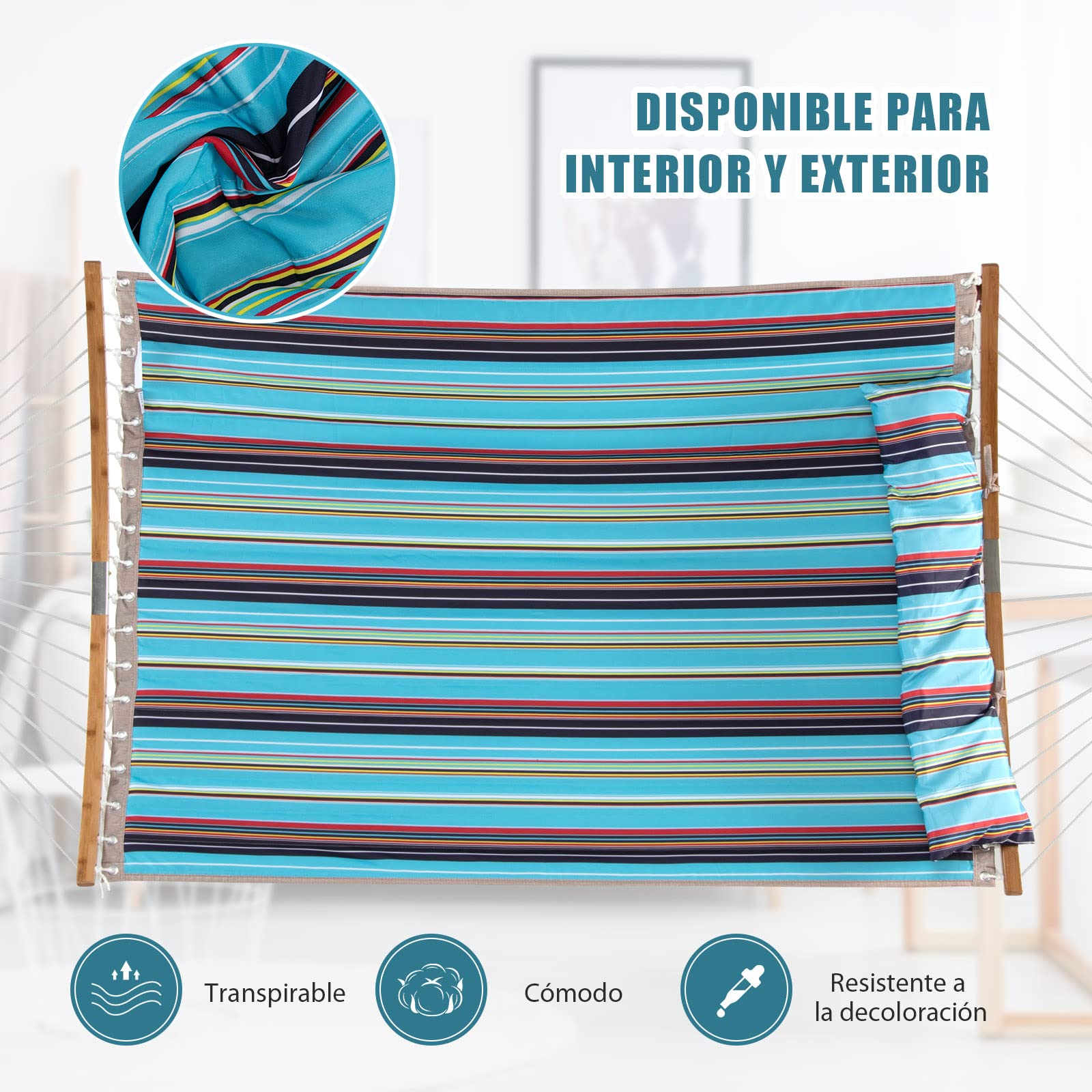 COSTWAY Hamaca Resistente, Hamaca de Exterior con Almohada Desmontable, Barra Separadora en Bambú Curvado, Hamaca Portátil para Patio Playa Jardín 189 x 135 cm, 150 kg (Azul)