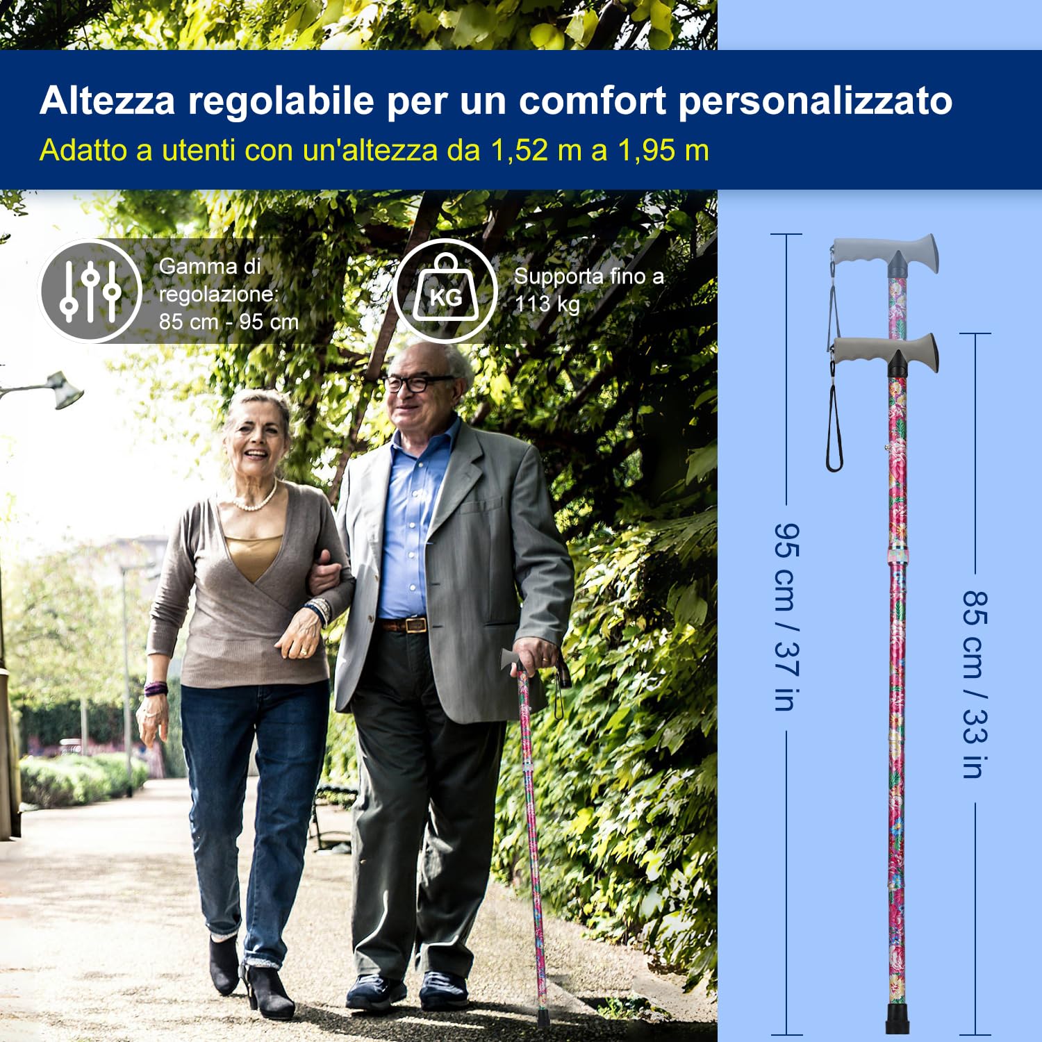 supregear Bastone da Passeggio Pieghevole, Altezza Regolabile, Leggero e Portatile con Impugnatura Morbida, Ausilio per Camminare per Anziani, Disabili, Uomo Donna