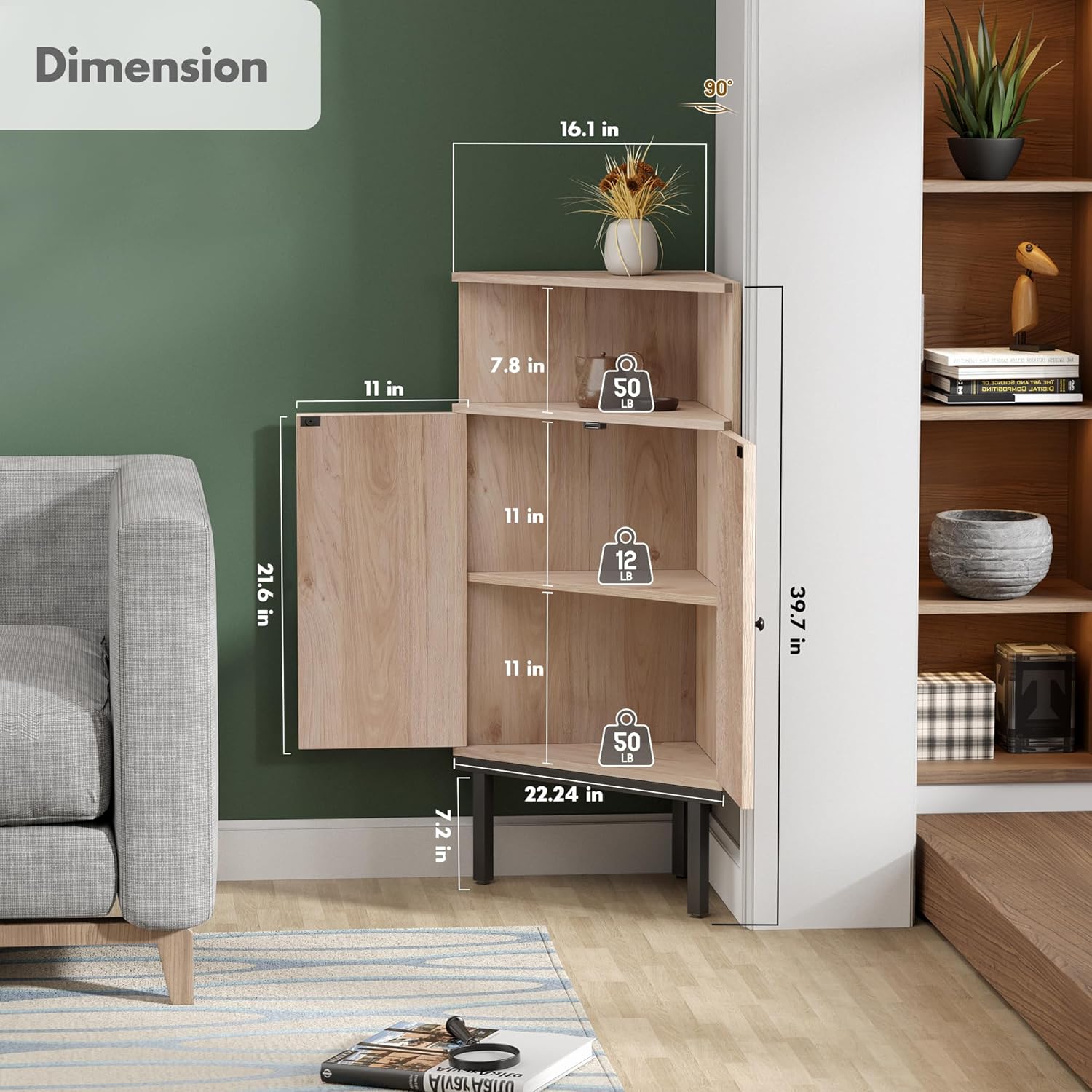 Yechen 39.7" Corner Storage Cabinet with Adjustable Shelf and Rattan Doors, Small Boho Corner Shelf Stand with Open Storage, Freestanding Cabinet for Bathroom, Living Room/Metal Legs/Natural Oak