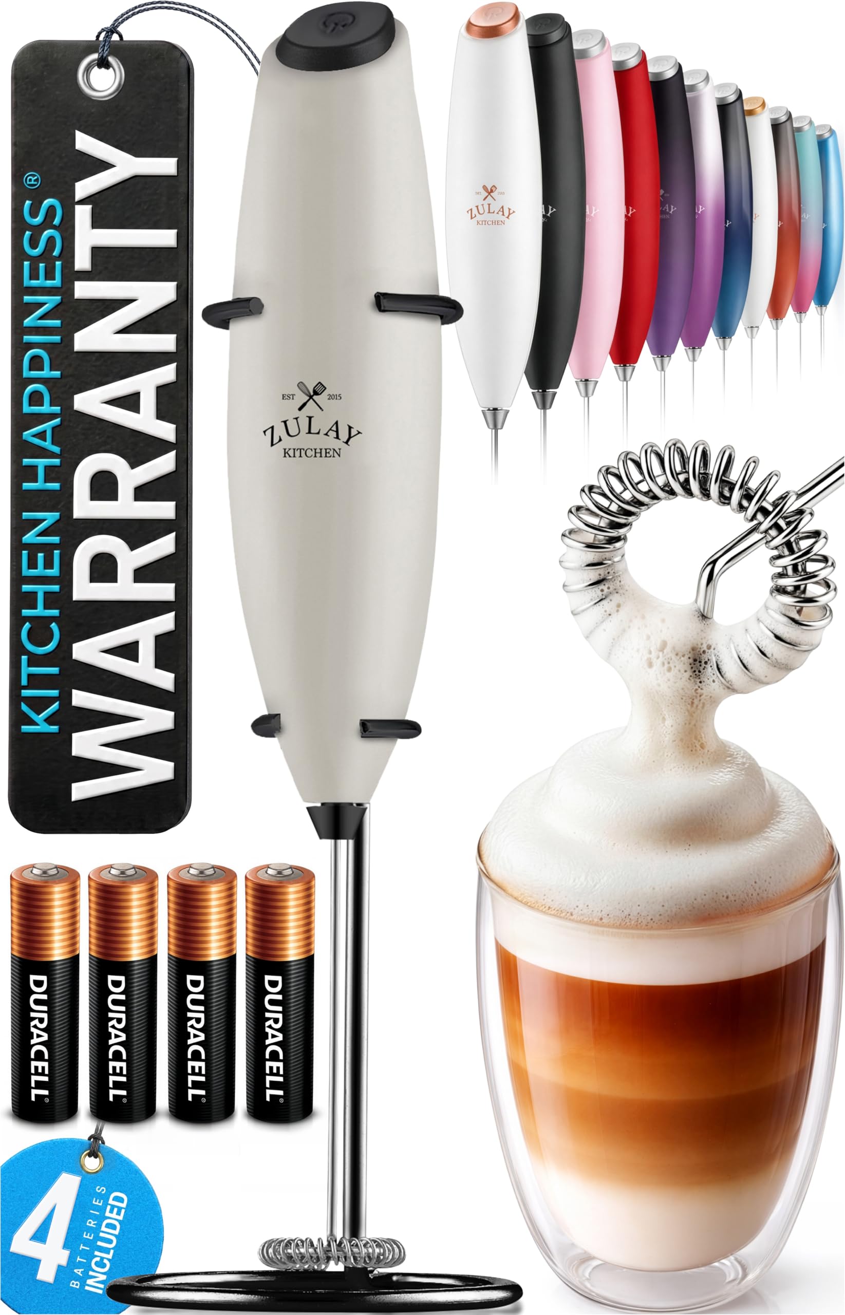 Zulay Kitchen Powerful Milk Frother Wand With Duracell Batteries - Ultra Fast Handheld Drink Mixer - Electric Whisk Foam Maker for Coffee, Lattes, Cappuccino &amp; Matcha - Z1 Motor - Gray &amp; Black