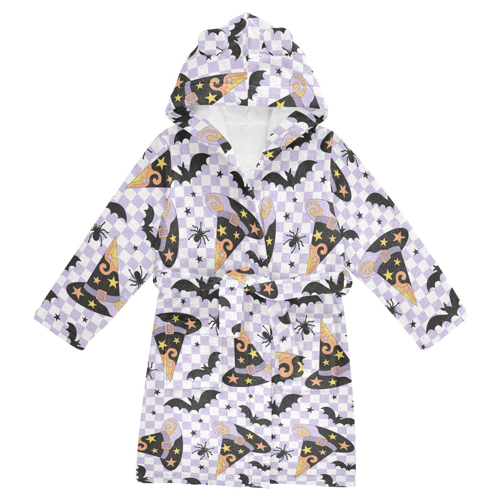 WIFIU Toddler Baby Hooded Bathrobe for Boys Girls Checkerboard Witch Hat Spider Bat Printed, Soft Plush Bath Towel Robe with 2 Pockets for 7-9 Years