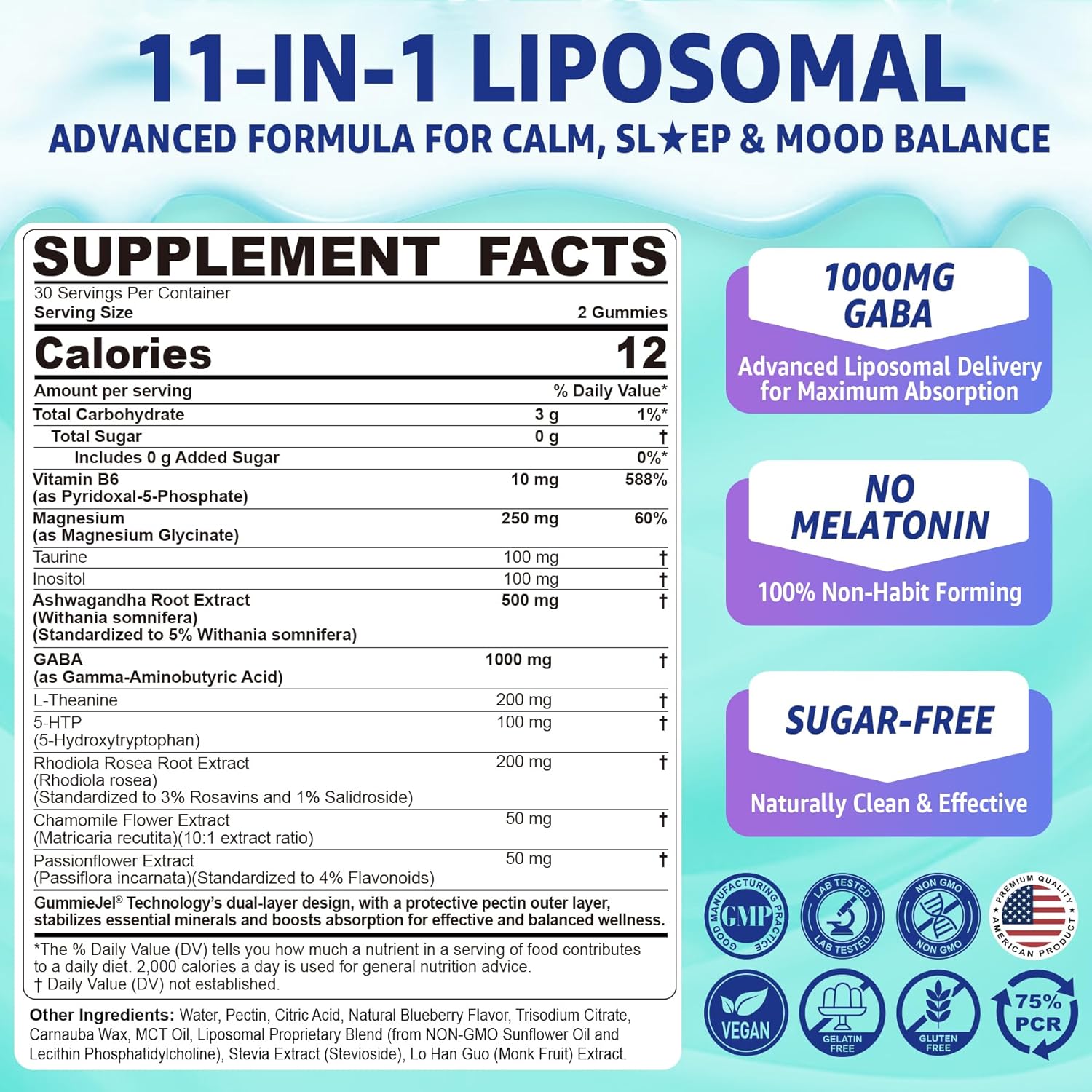 GABA Gummies 1000mg - Liposomal Calm Mood Gummies with L-Theanine, Magnesium Glycinate, Ashwagandha, 5htp, Inositol, Melatonin-Free for Zzz Better, GABA Supplements for Adult, Sugar-Free 60Cts - Image 2