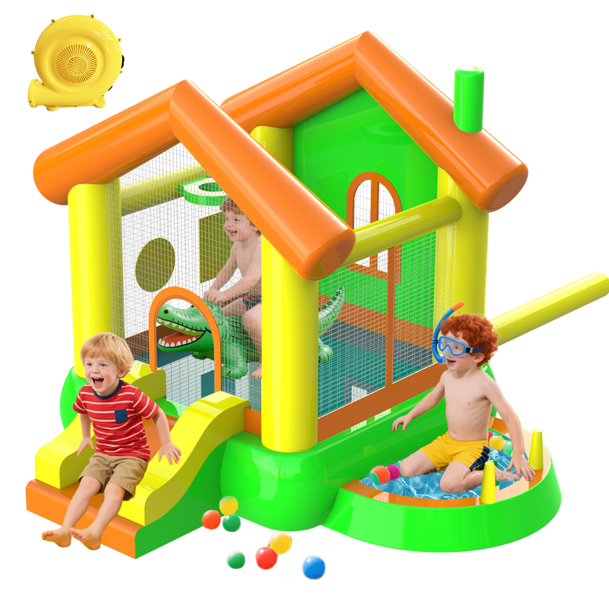 Castillo Inflable con Sopladora, Parque Infantil Inflable con Toboganes, Trampolín, Canasta de Baloncesto y Piscina de Bolas para Exterior e Interior - hasta 3 Niños (3-10 Años)