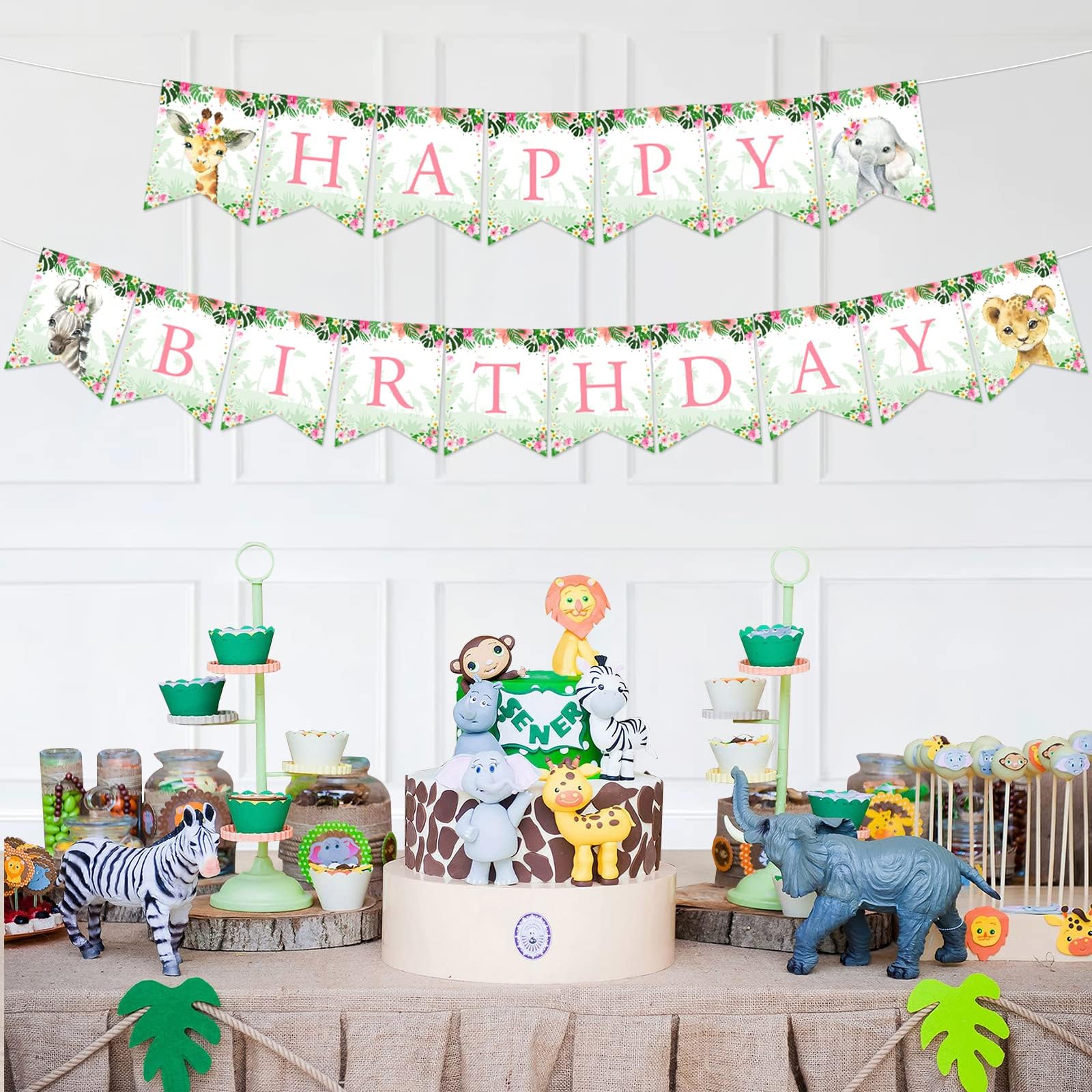 Jollyboom Four Ever Wild - Decorazioni di compleanno rosa safari per 4° ragazza, arco di palloncini rosa verde salvia e oro, animali della foresta, numero 4, palloncini per 4° festa a tema