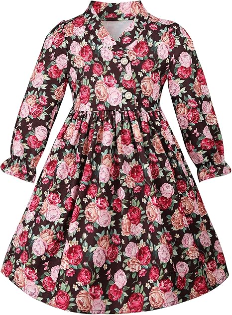 binboll Girls Dress Sweet & Cute Puff Sleeve Square Neck Ruffle Dot Ruffle Swing Dress 5-14