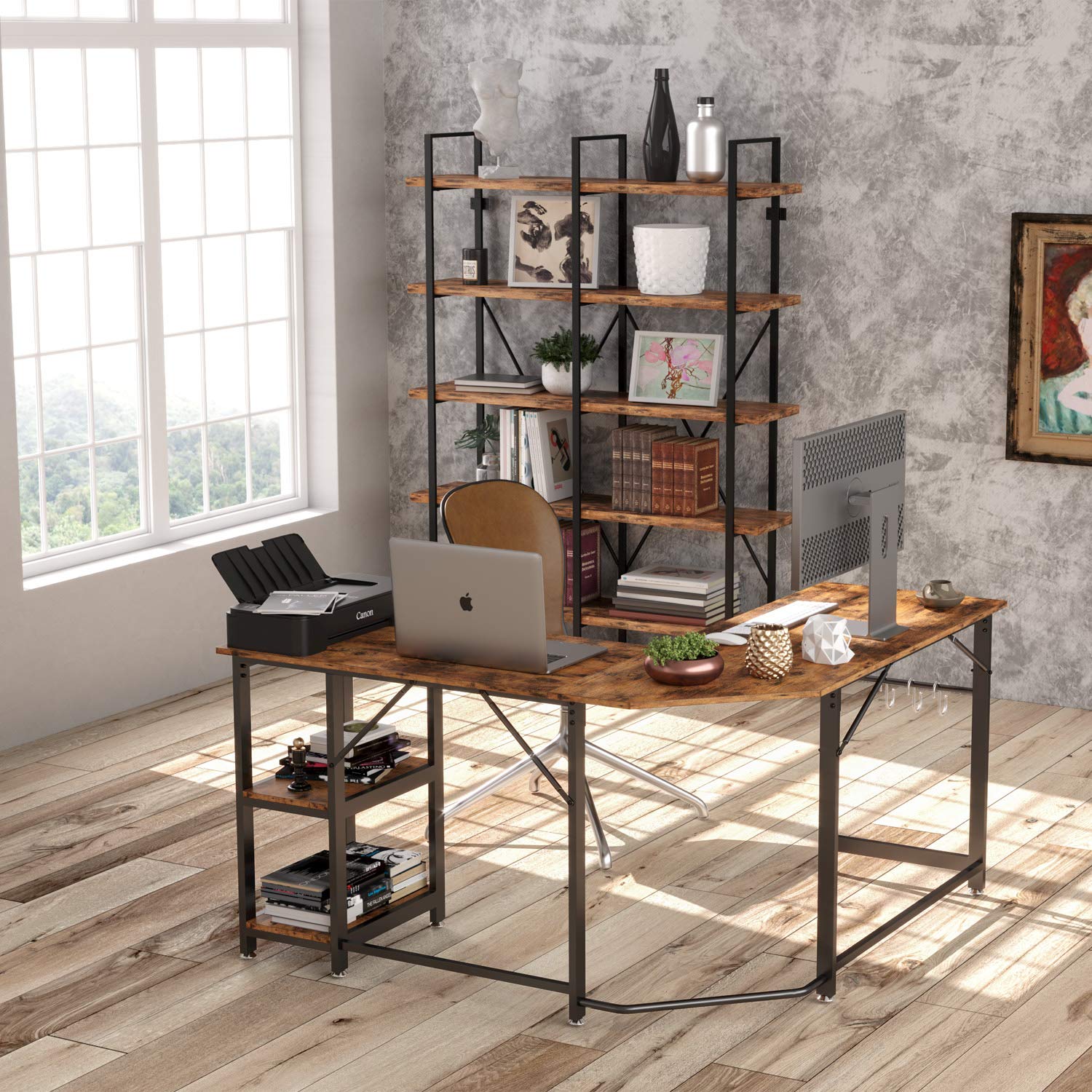 IRONCK L Shaped Computer Desk, Corner Office Desk Writing Study Table with Storage Shelves