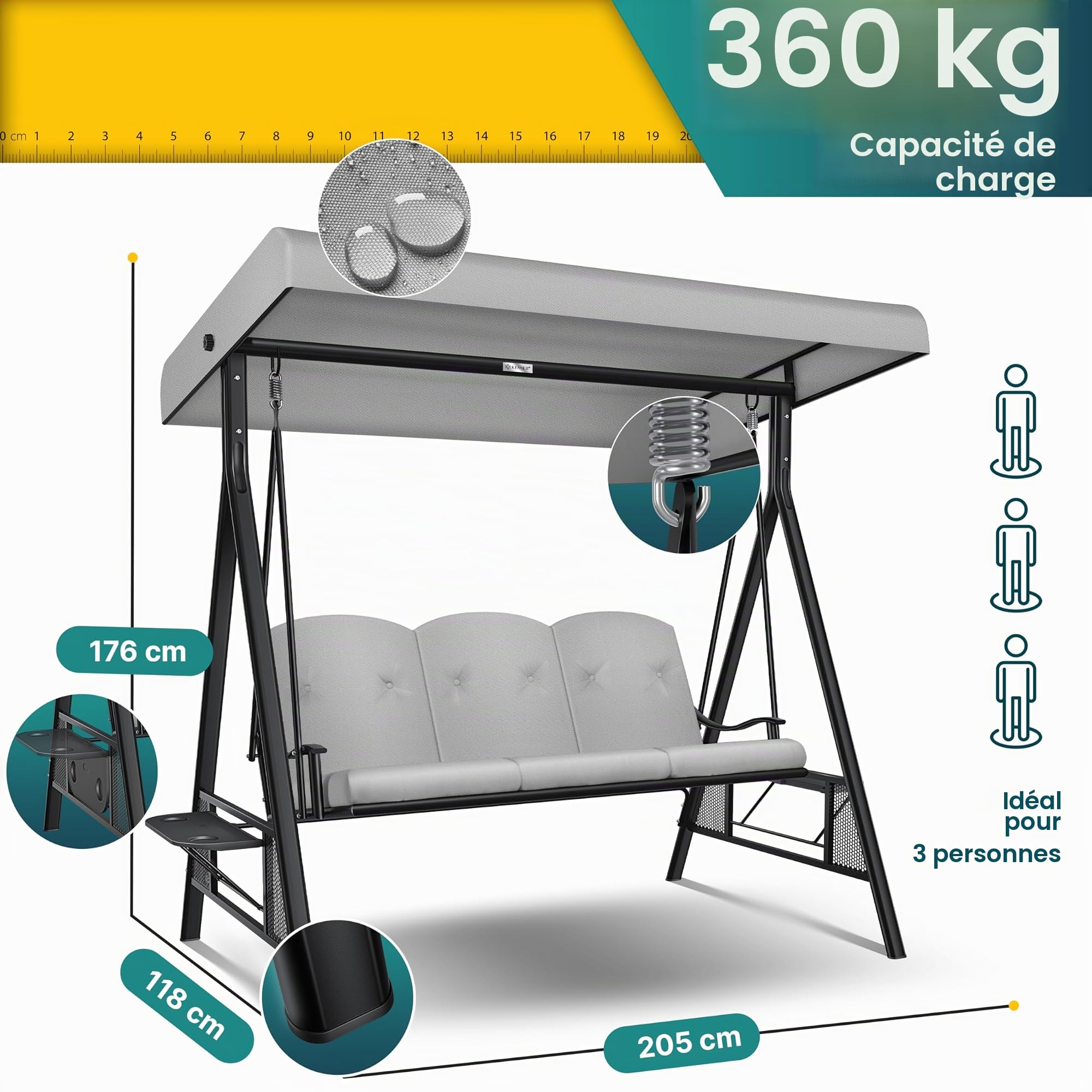 KESSER® Balancelle de jardin 3 places avec toit pare-soleil et coussin d'assise - Charge maximale : 360 kg - Avec pieds antidérapants - Imperméable - Pour l'extérieur et l'intérieur