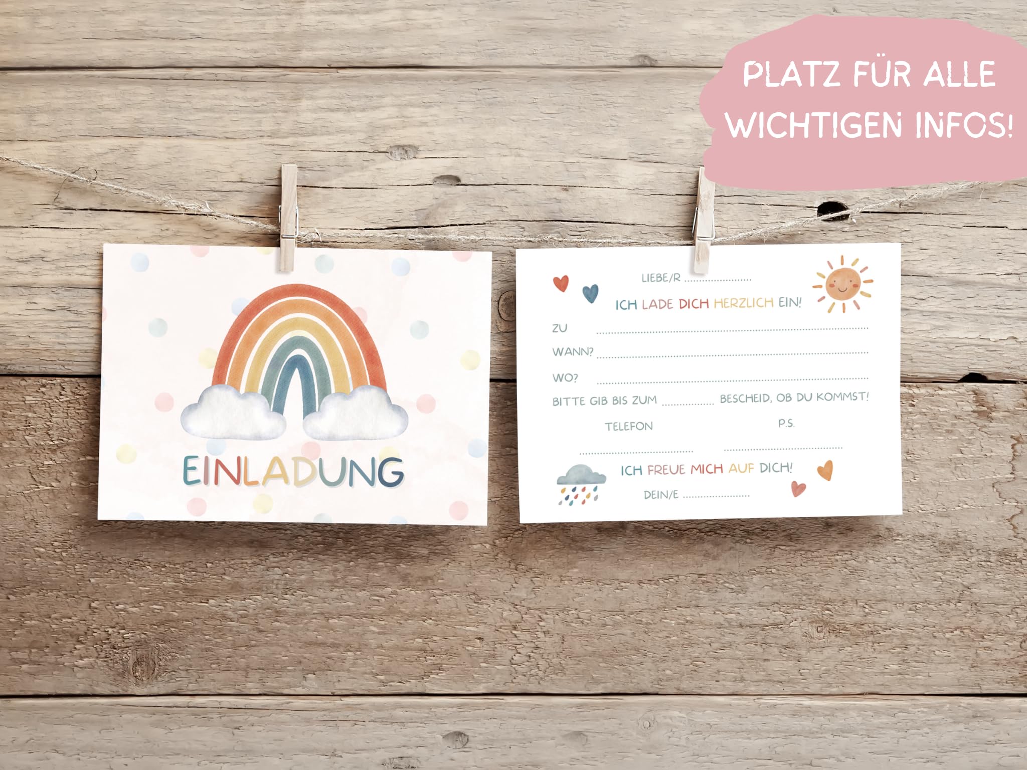Essi's Stoff Boutique Regenbogen Einladungskarten - 10 Pastell Karten Mit Umschlägen Für Kindergeburtstag