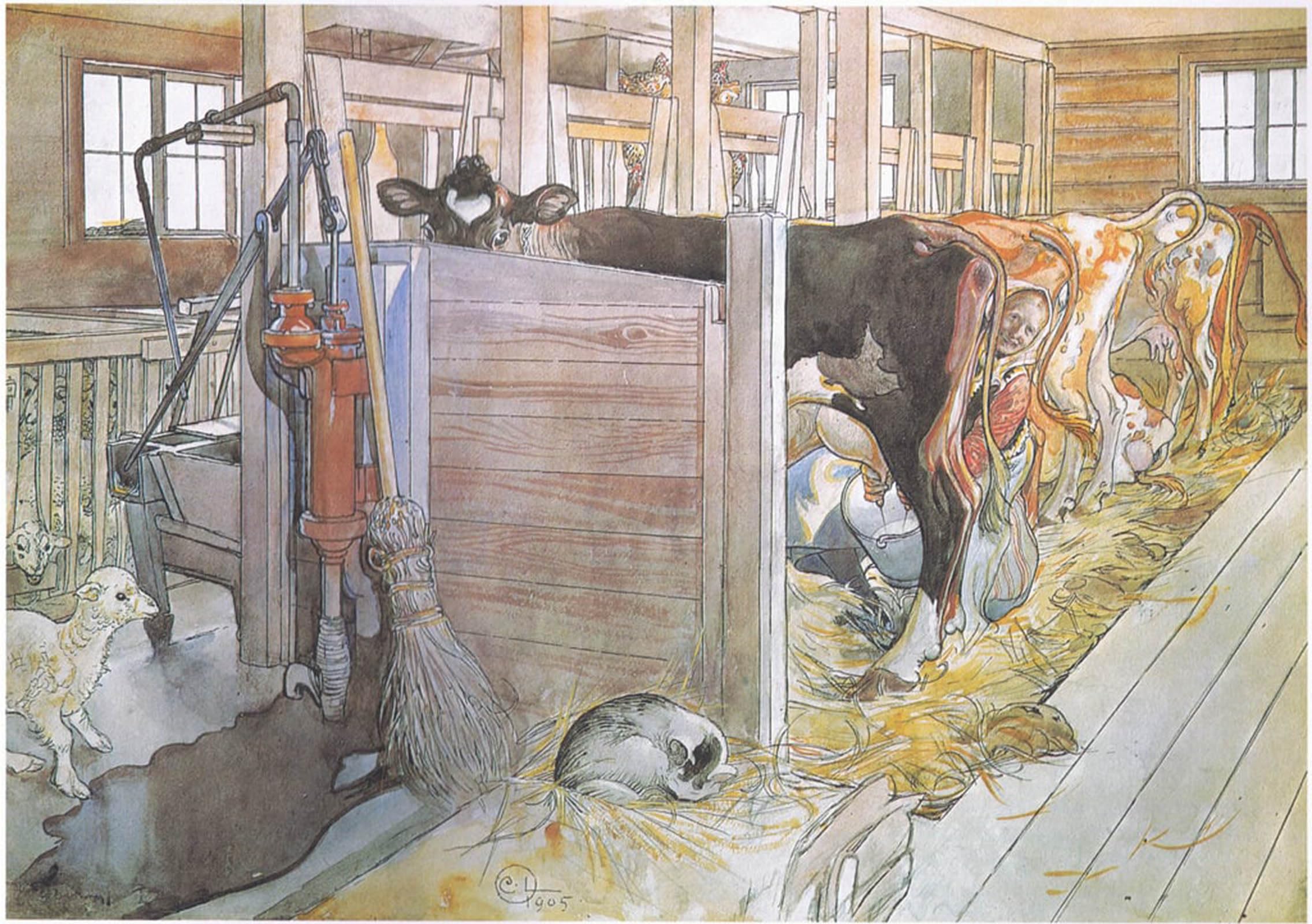 SERENDIPITP Abstract Painting Mural Print Picture Wall Decor Painting Johana milking the cows by Carl Larsson Vintage Wall Artwork for Home Decor 60x90cm