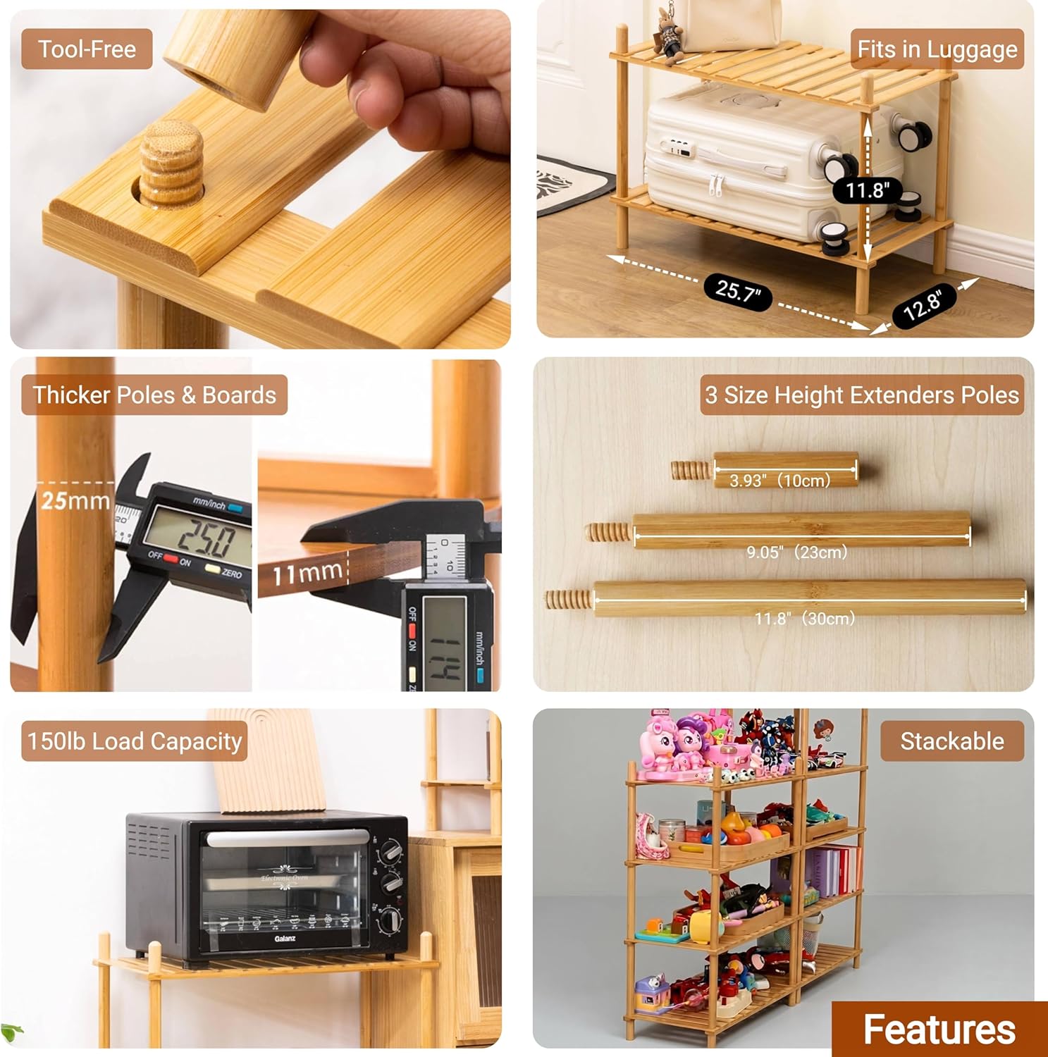 GOGOGO 3-Tier Bamboo Freestanding Shelf | Tool-Free,150lb,Multifunctional Small Bookcase Wood Shelf for Bathroom, Kitchen, Office (Natural, 9.0“H（3 Tier Heightened)