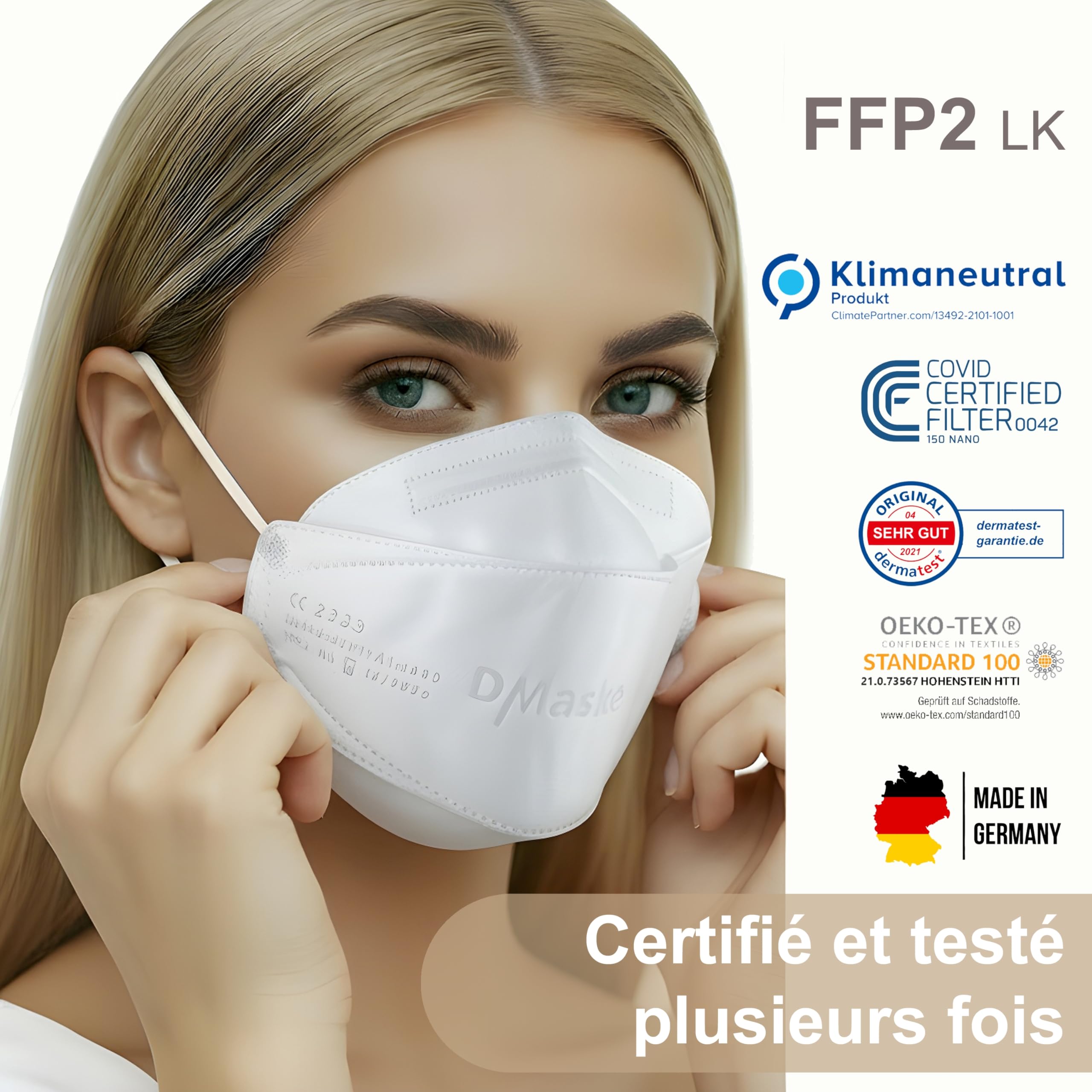50x Masques de protection respiratoires FFP2 | Blanc | Fabriqué en Allemagne | 4 couches | CE EN 149:2001+A1:2009, Organisme notifié GEPTEST (2233)