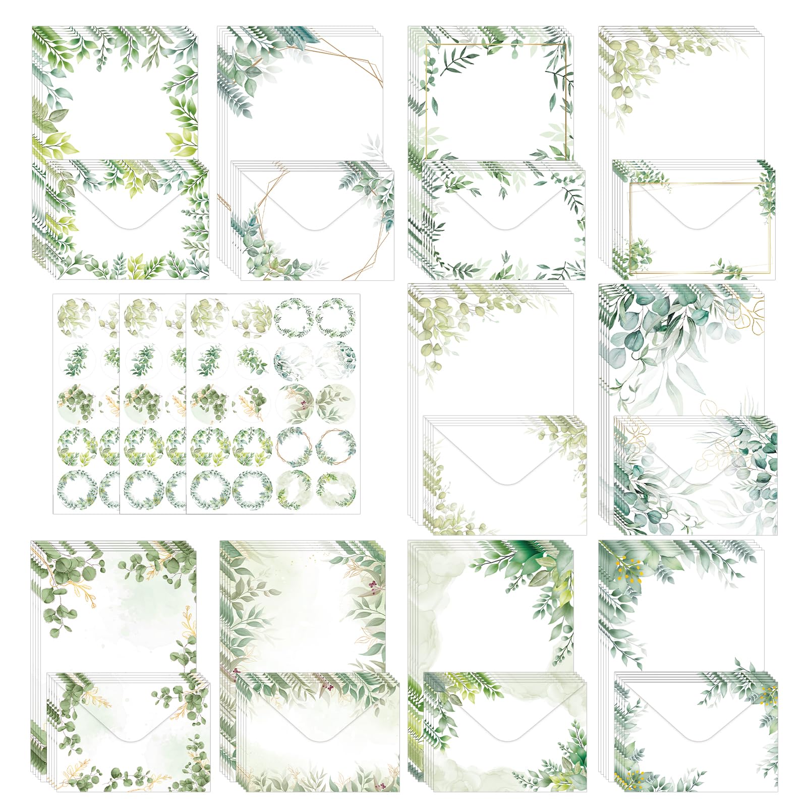 160 Pcs Eucalyptus Letter Writing Set, 50 Pcs Letter Writing Paper with 50 Pcs Envelopes & 60 Stickers, Stationery Writing Set for Wedding Invitations, Love Letters & Birthday