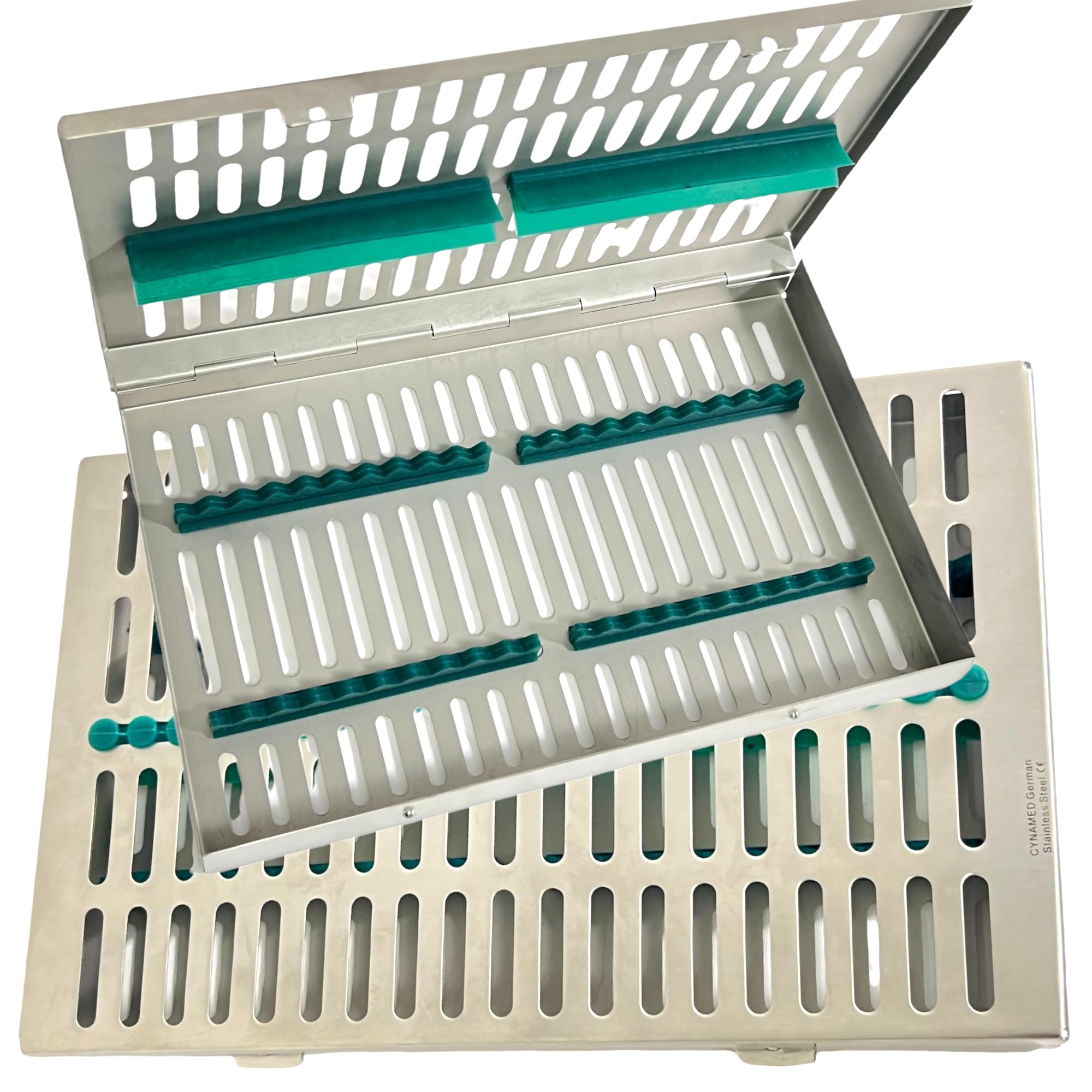 Veterinary Instruments Sterilization Tray with Silicone Inserts Removable (Green) - Fits 20 Instruments - Size 11in x 7in x 1.25in - German Steel CE