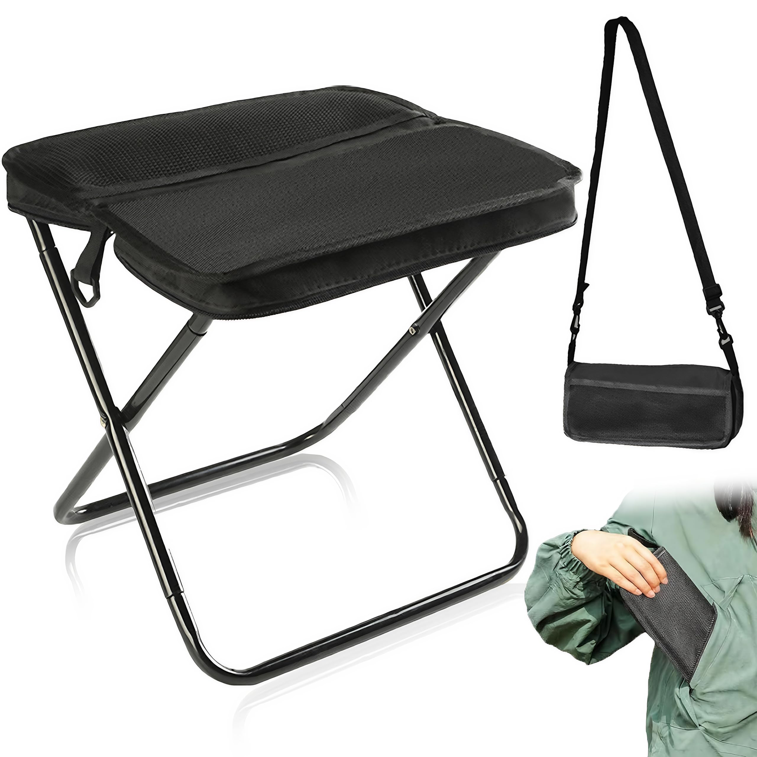 Exquilnova Foldable Backpack Stool for Camping,Portable Folding Stool with Shoulder Strap,Camping Stools Folding Lightweight for Fishing,Queuing,Mountaineering,Hiking,Gardening,Traveling(Black)