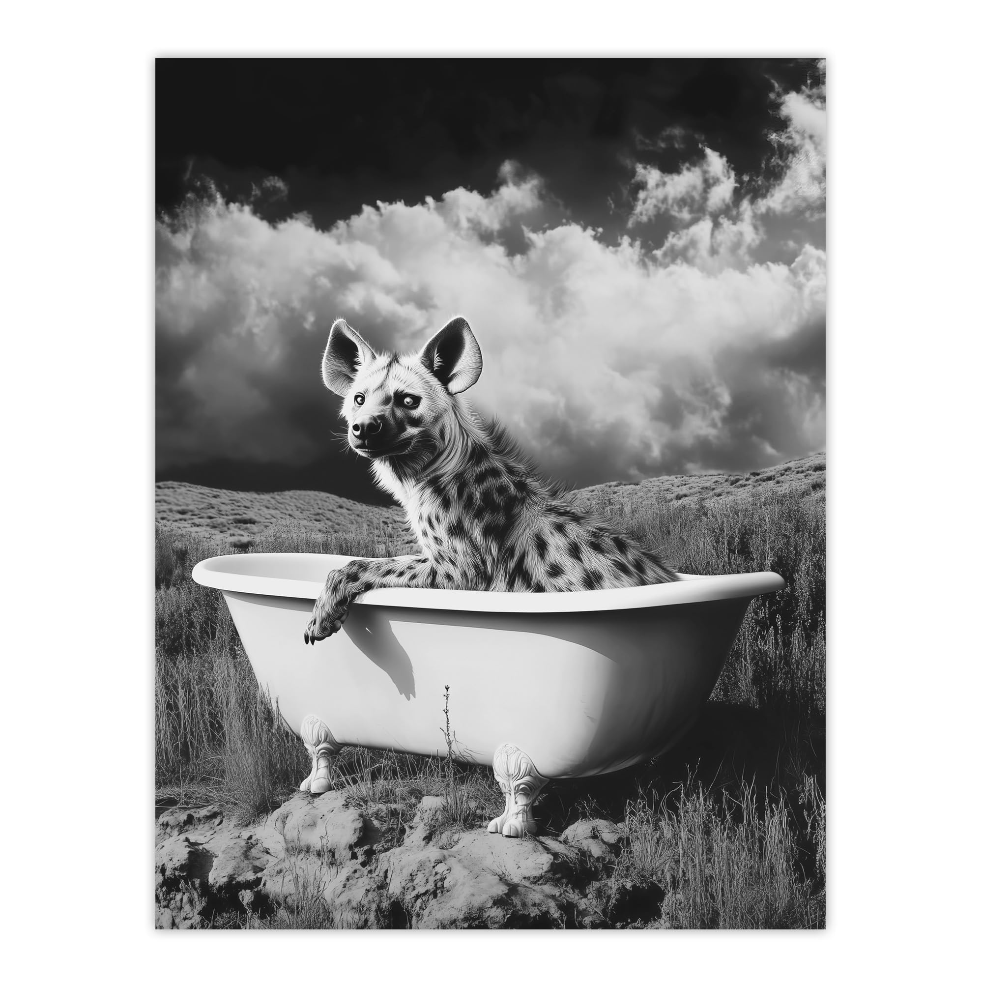 Artery8 Hyena In Desert Bathtub Black White Surreal Bathroom Toilet Large Wall Art Poster Print Thick Paper 18X24 Inch