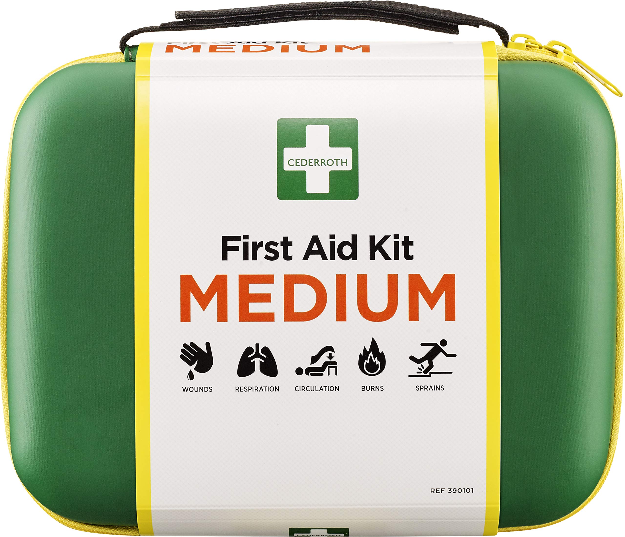 Cederroth ® | First Aid Kit Medium | Kit de primeros auxilios bien equipado y hecho de un material resistente tipo caucho, con una práctica asa y una tira de cierre de velcro ajustable