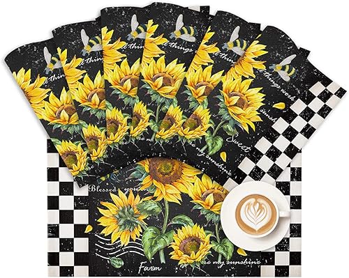 Juego de 6 manteles individuales de girasol amarillo para mesa de comedor, color negro y blanco, a cuadros, manteles de verano florales de granja