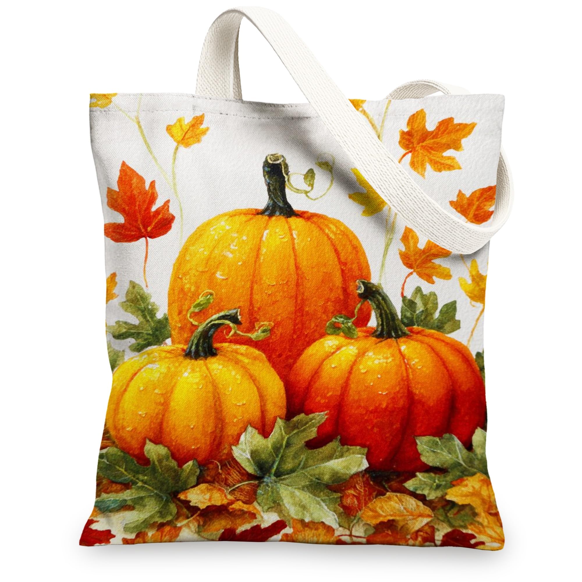 Seasonal Canvas Tote Bags, Colorful Pumpkin Pattern Reusable Grocery Bags, Lightweight Washable Shoulder Strap Canvas Bags, Orange, 13x15 Inch