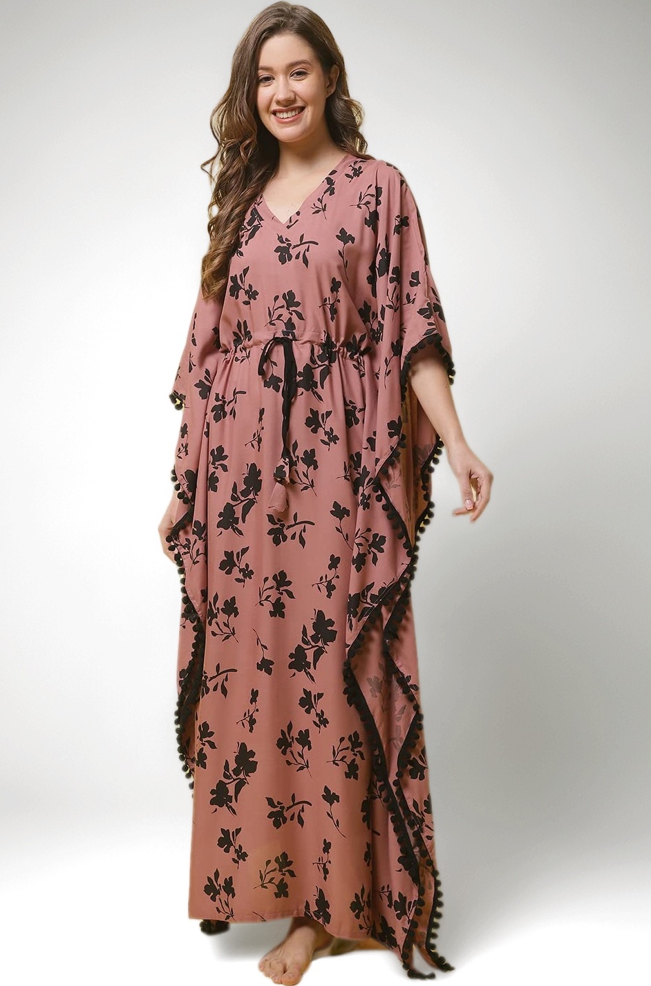 Rust Floral Women Maxi Kaftan Nighty Rayon Free Size/Kaftan