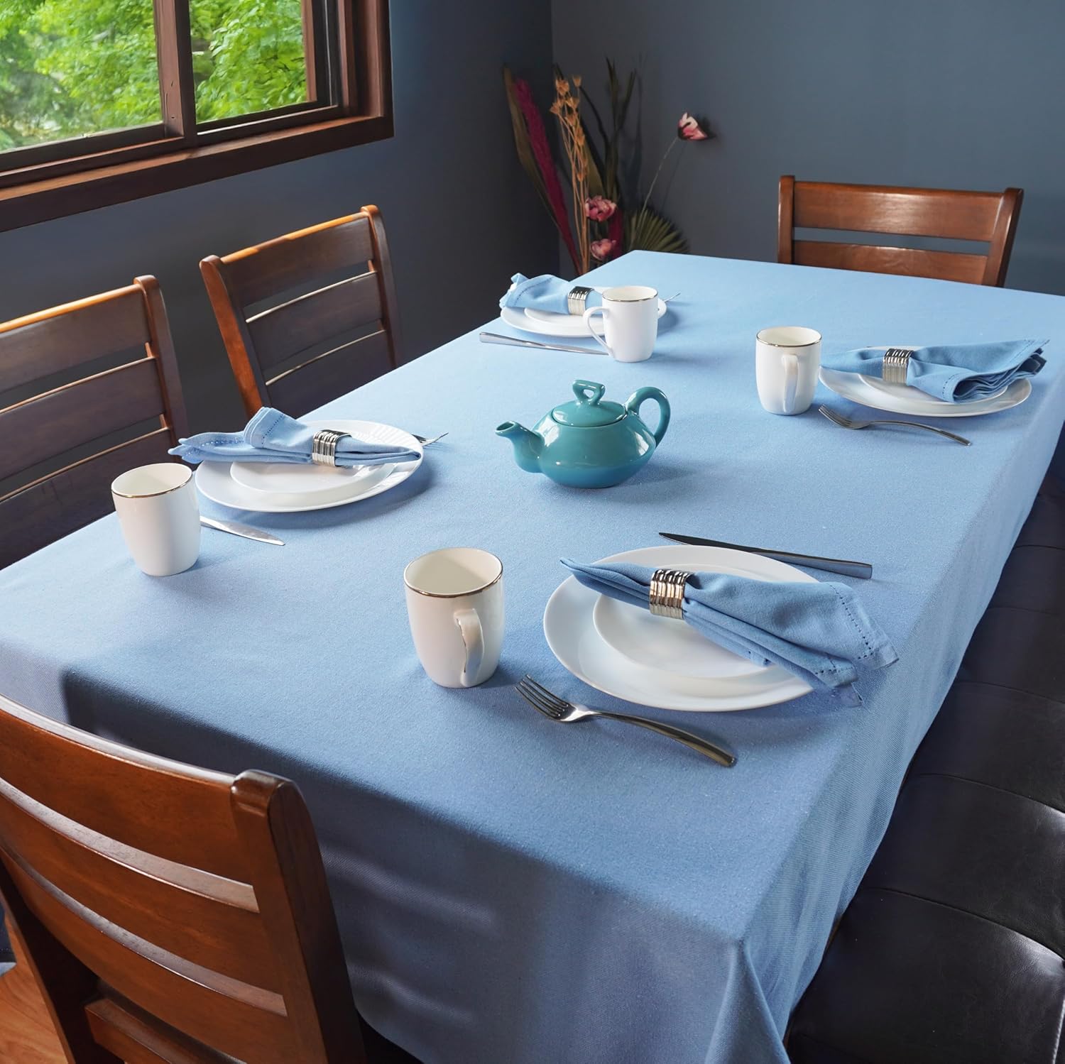 RUSTIQUE LINENS Cotton Dining Table Cover – Table Cloth 6 Seater | Water & Stain Resistant, Hem-Stitched, Heavyweight | Coffee Table Cloth – Azure Blue (190 x 150 cm) – 8 Seater Option Available