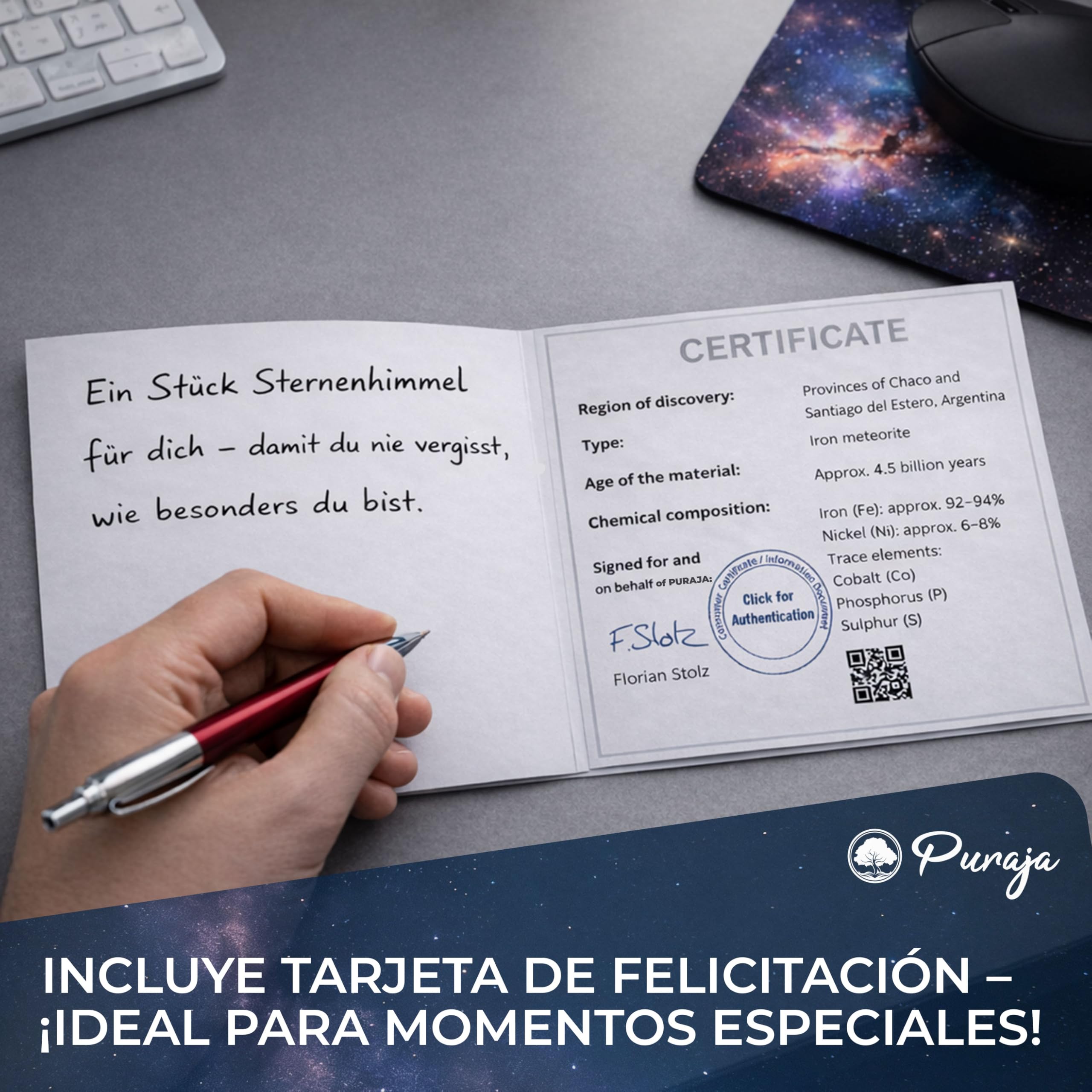 PURAJA Meteorito Estrella fugaz auténtica con Certificado | Regalo para cumpleaños, Bodas, Aniversarios | Amuleto de la Suerte