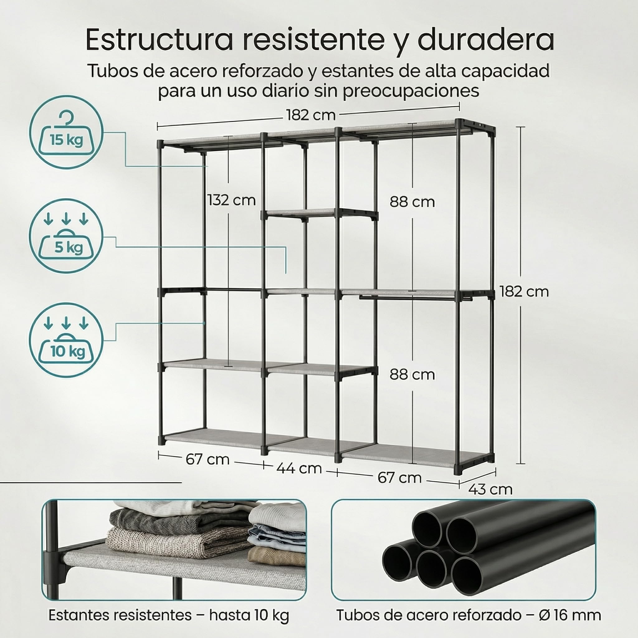 Pincho Burro Ropa, Armario de Tela, Armario Ropero Portatil para Ropa, Armario Tela, Organizador de Ropa, Vestidor Abierto, Closet Organizer, Perchero Burro Ropa Colgador Ropa - 182 x 43 x 182 cm